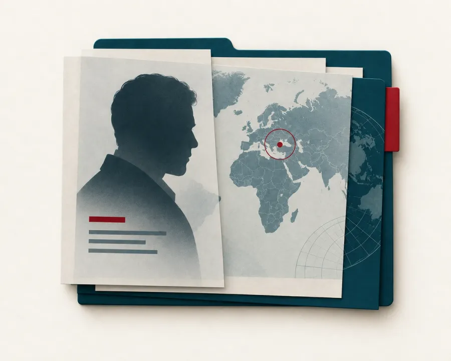 Abstract illustration of an international wanted-person alert with a red accent