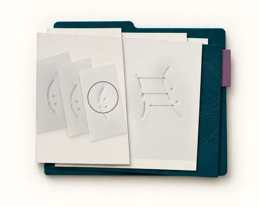 Abstract illustration of criminal methods and concealment techniques with a violet accent