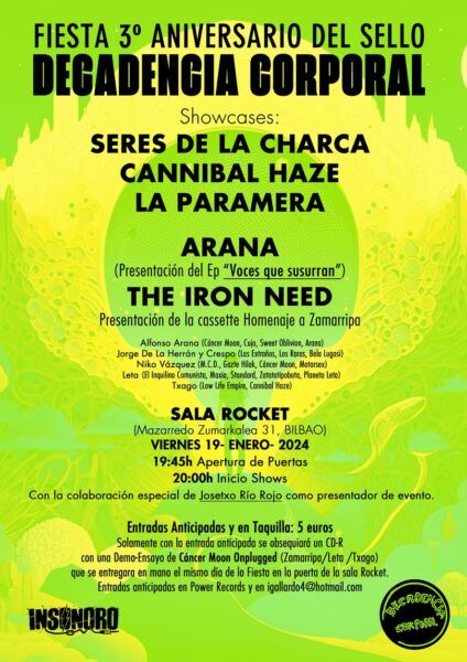 Cartel de FIESTA 3º ANIVERSARIO: Seres de la Charca / Cannibal Haze / La Paramera / Arana / The Iron Need
