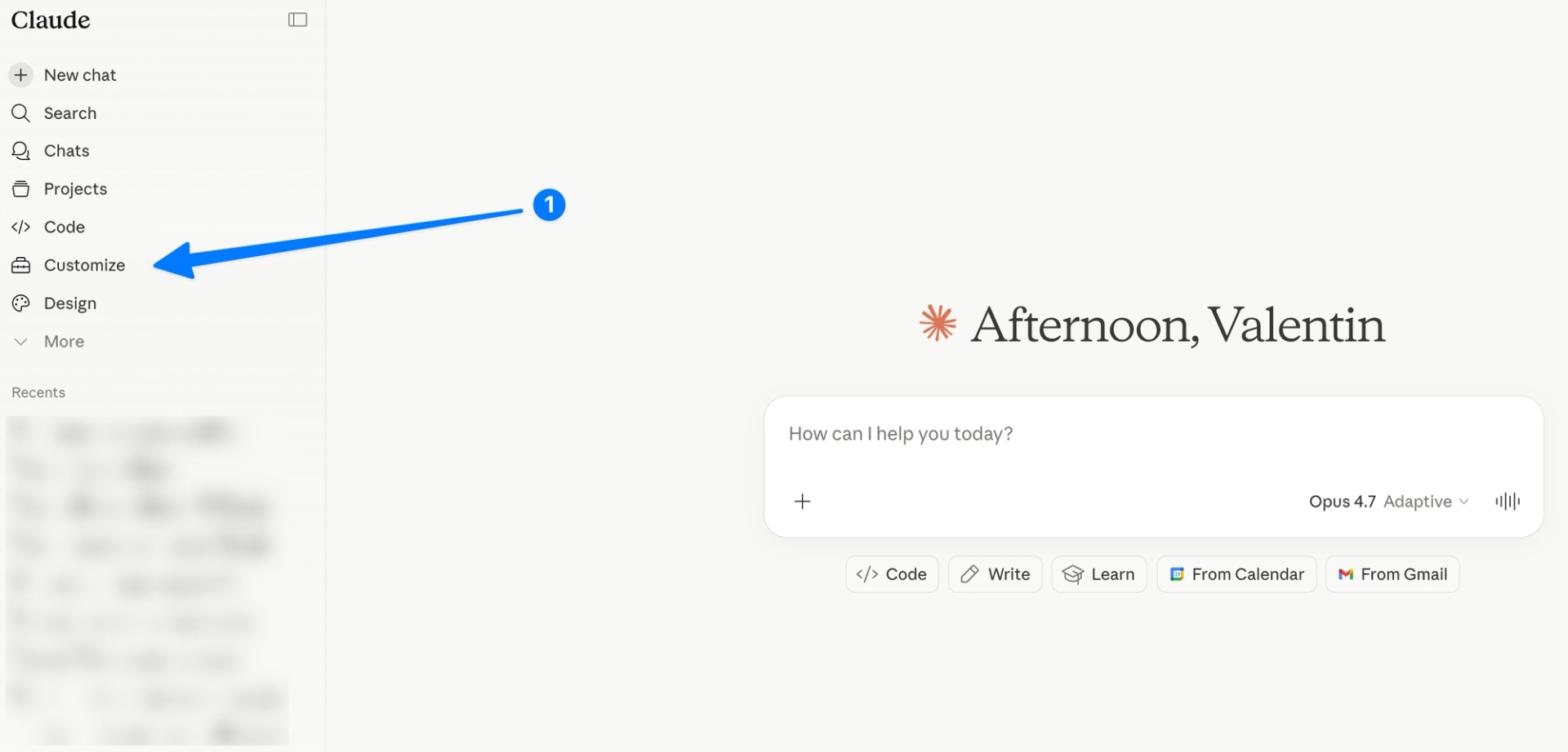 Claude Customize section for adding skills