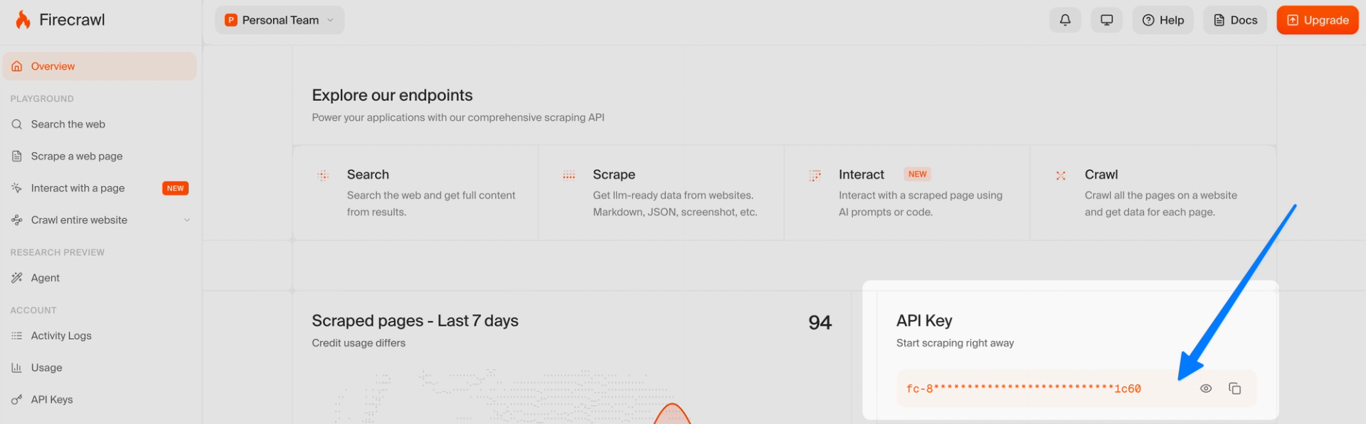 Firecrawl dashboard with API token