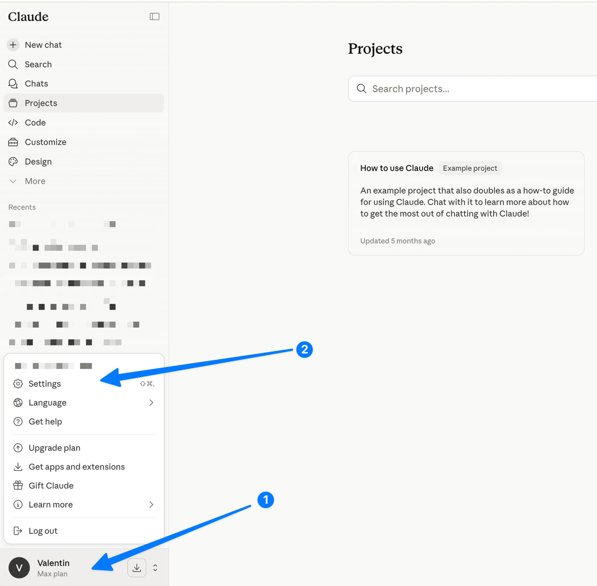 Claude AI settings menu