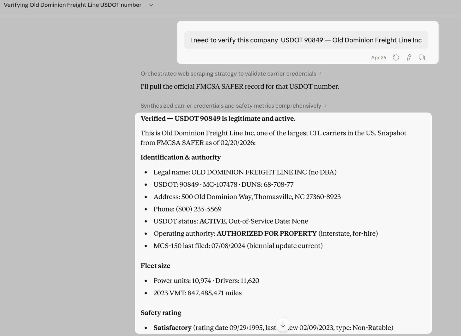 Claude response verifying USDOT 90849 for Old Dominion Freight Line — showing legal name, active status, operating authority, fleet size, and safety rating from FMCSA SAFER