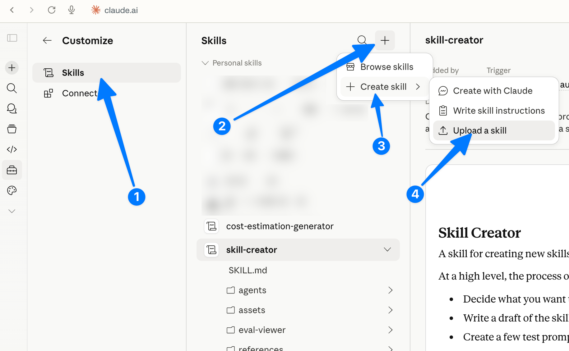 Uploading a skill file in Claude settings