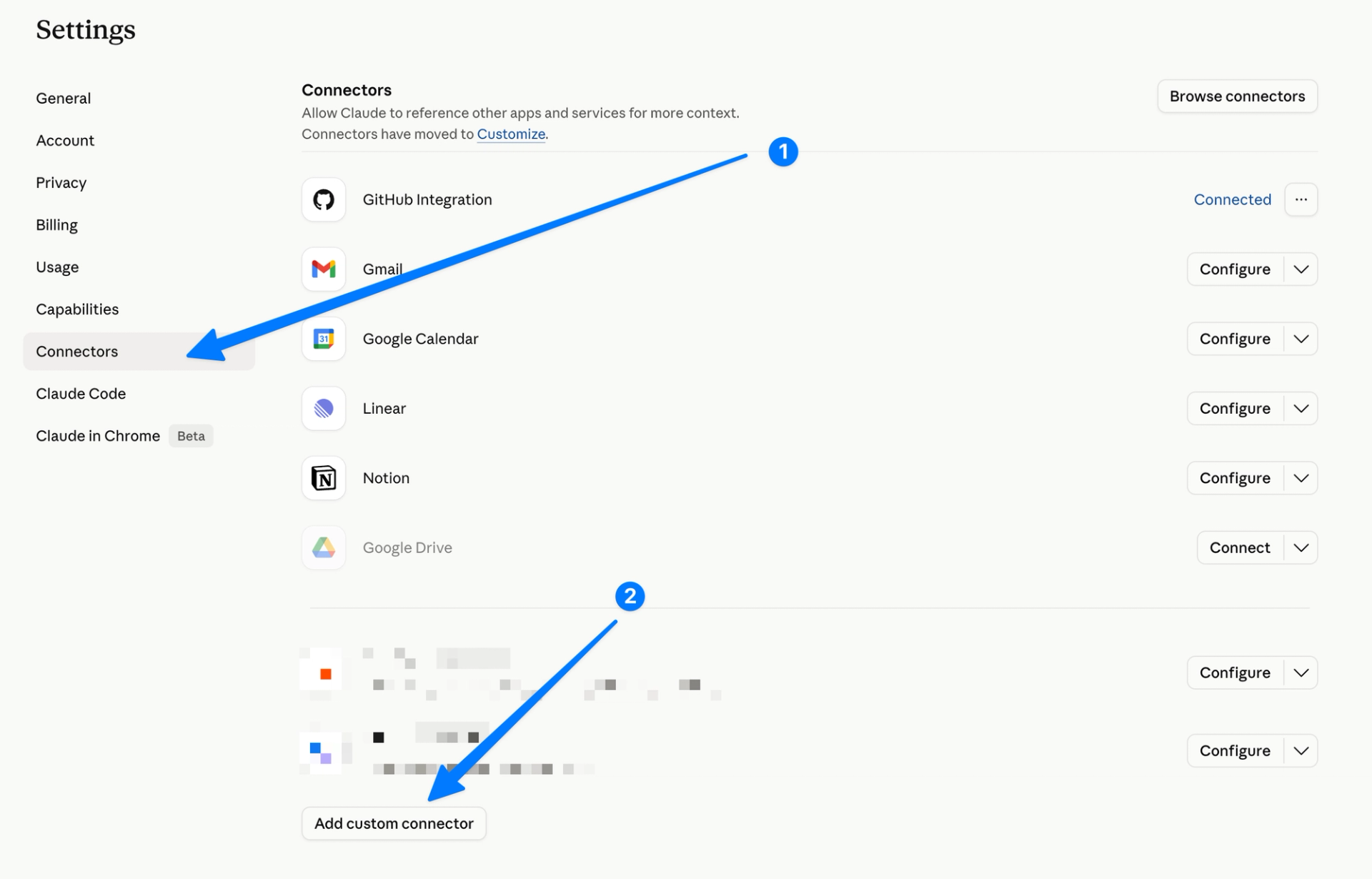 Adding a new MCP connector in Claude settings