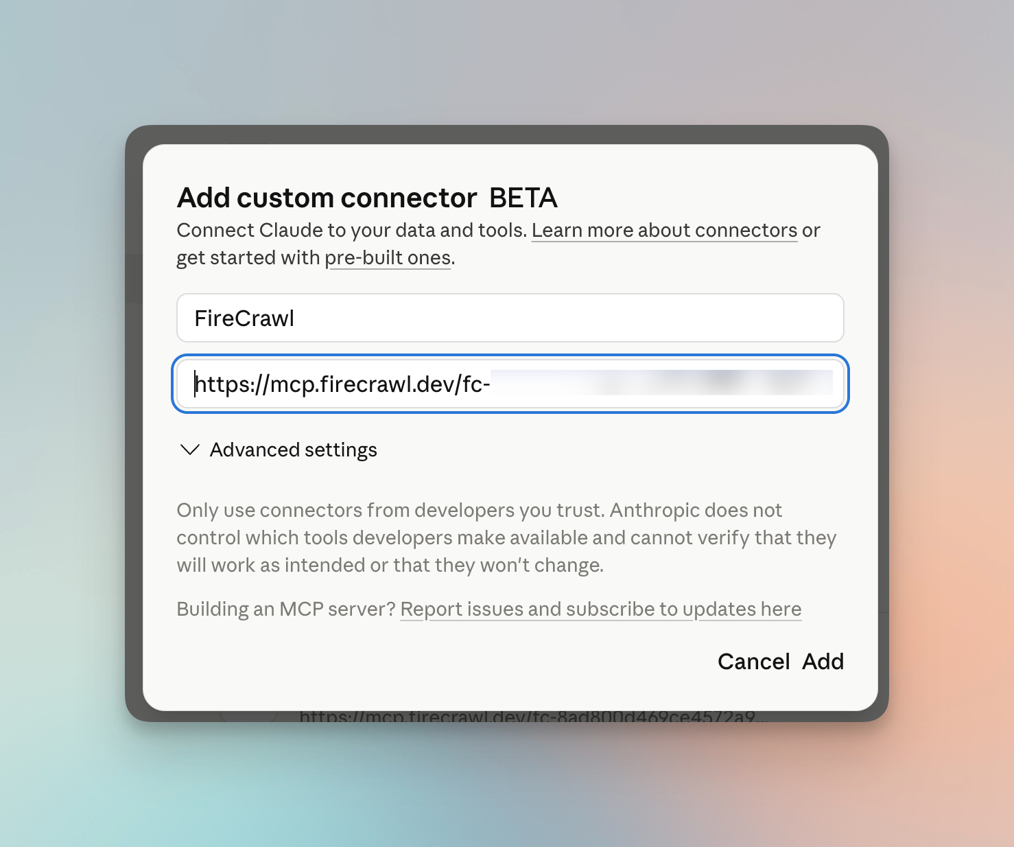 Firecrawl MCP URL field in connector settings