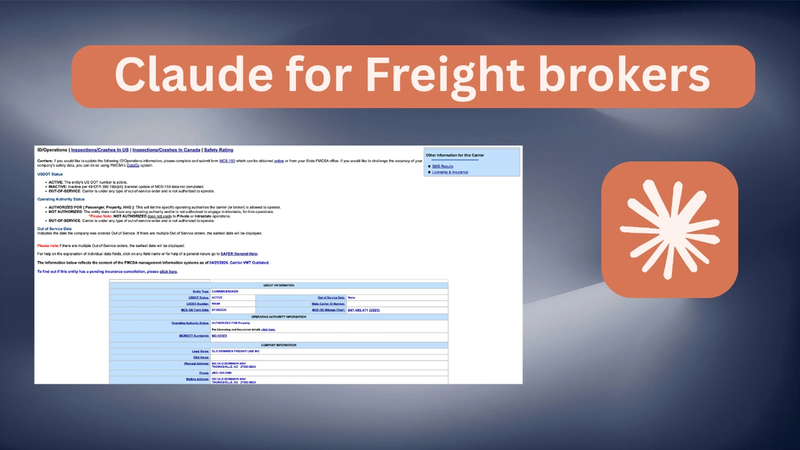 Claude AI carrier vetting interface showing FMCSA SAFER report with carrier safety data and the Claude logo