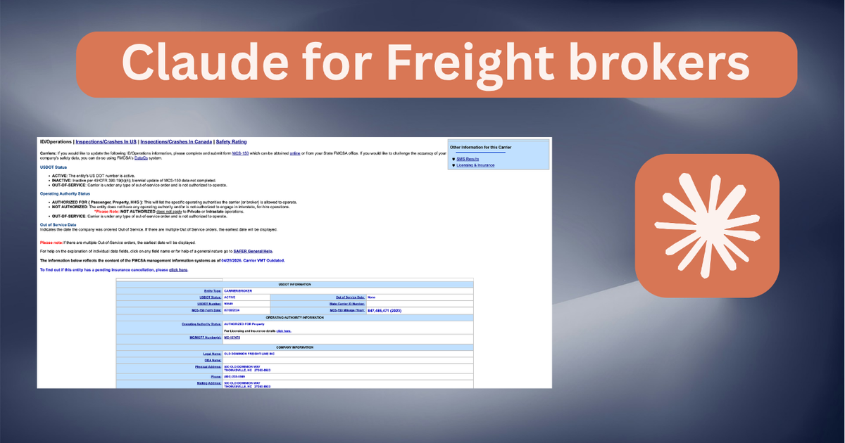 Claude AI carrier vetting interface showing FMCSA SAFER report with carrier safety data and the Claude logo
