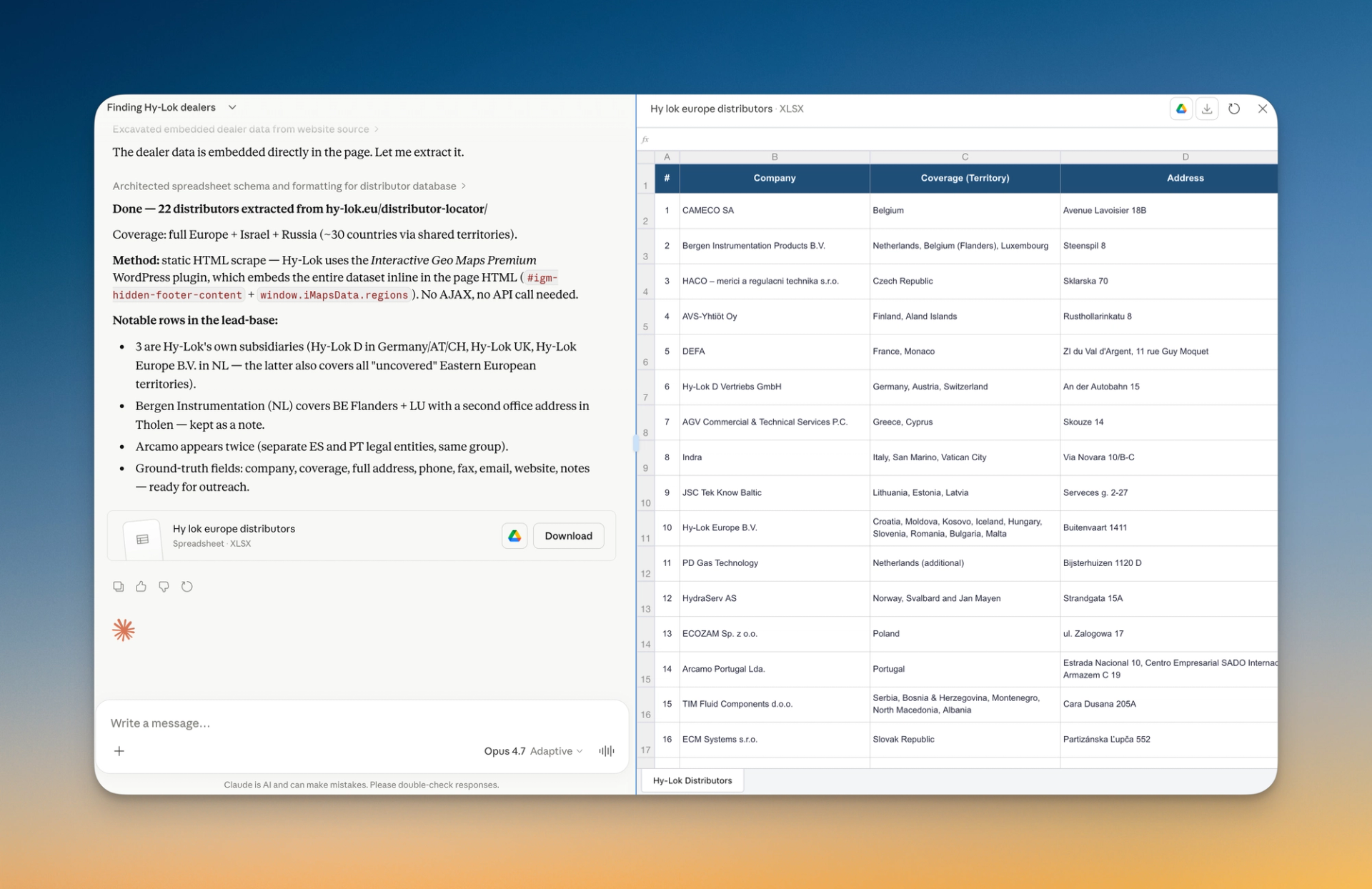 XLSX file with parsed supplier data from Claude