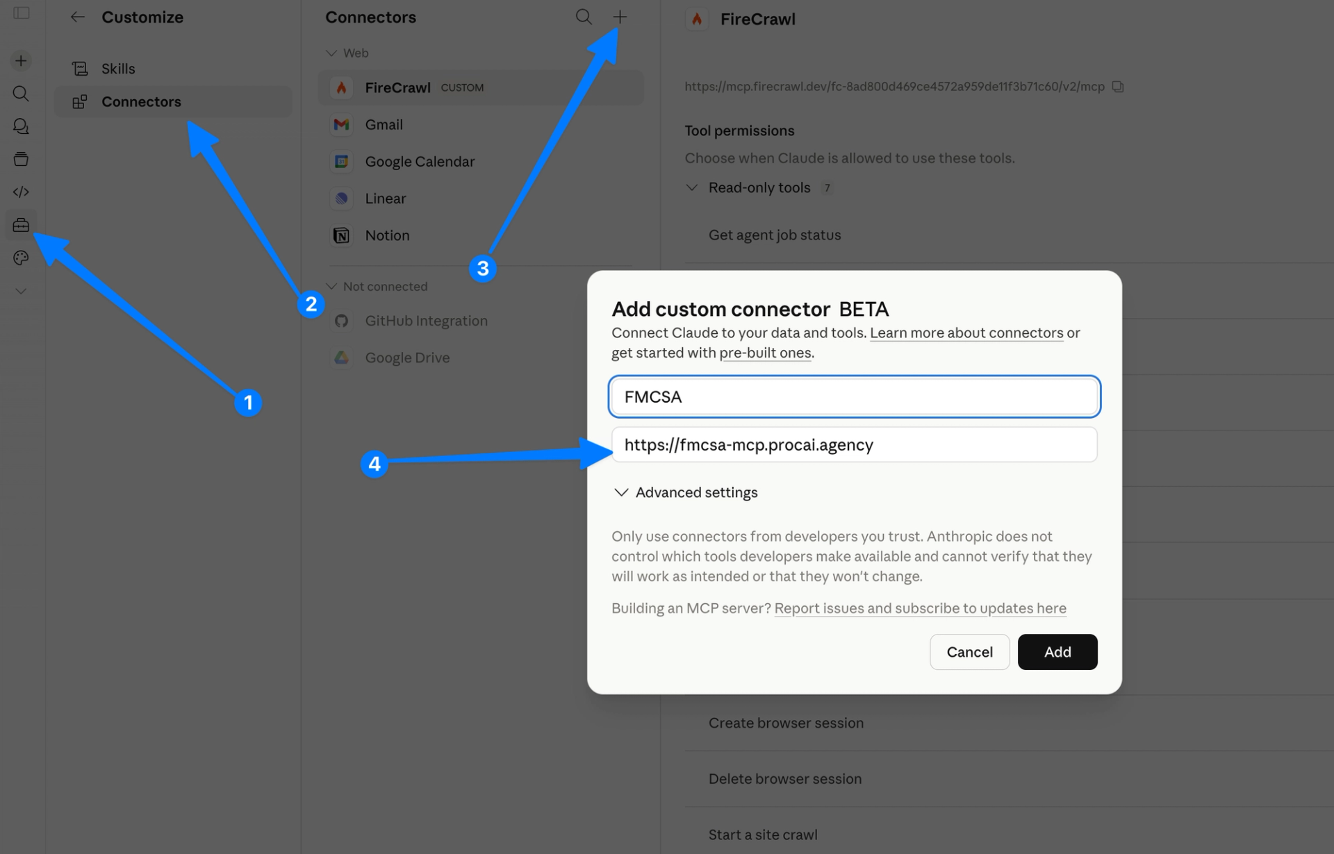 Claude settings showing how to add FMCSA MCP as a custom connector — step-by-step with numbered arrows pointing to Connectors menu, Add button, name field, and server URL