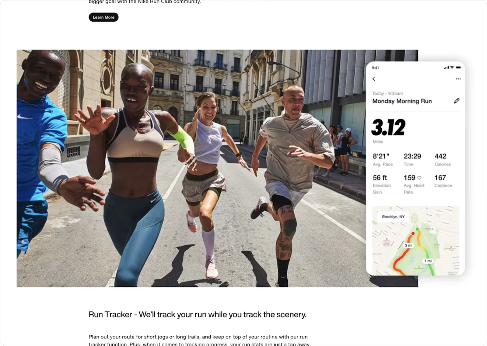 Three runners sprint down a sunny city street while a smartphone screen overlay shows running stats and a route map.