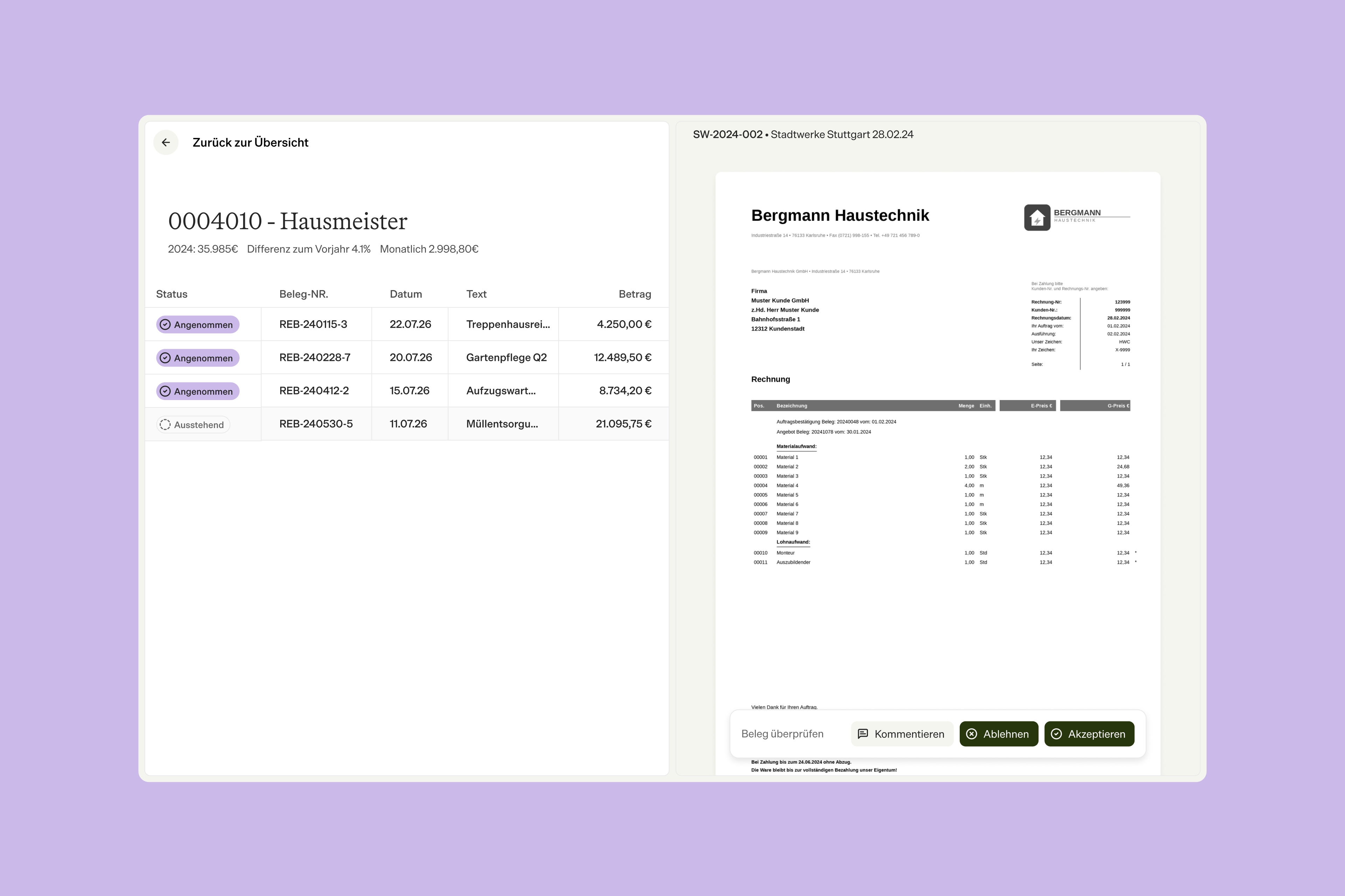 German invoice management dashboard showing a transaction list beside an invoice preview with comment, reject, and accept controls.