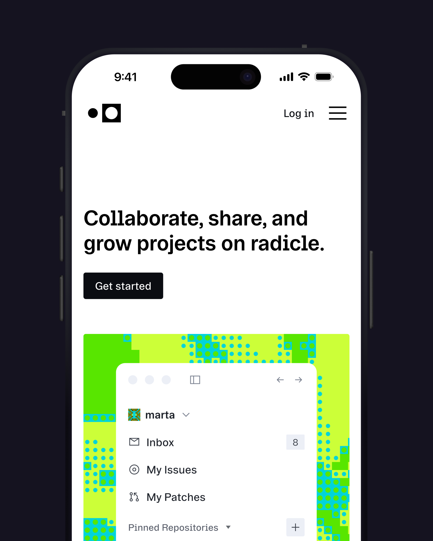 Mobile screen showing the Radicle website with the headline “Collaborate, share, and grow projects on radicle” and a Get started button above an app preview.