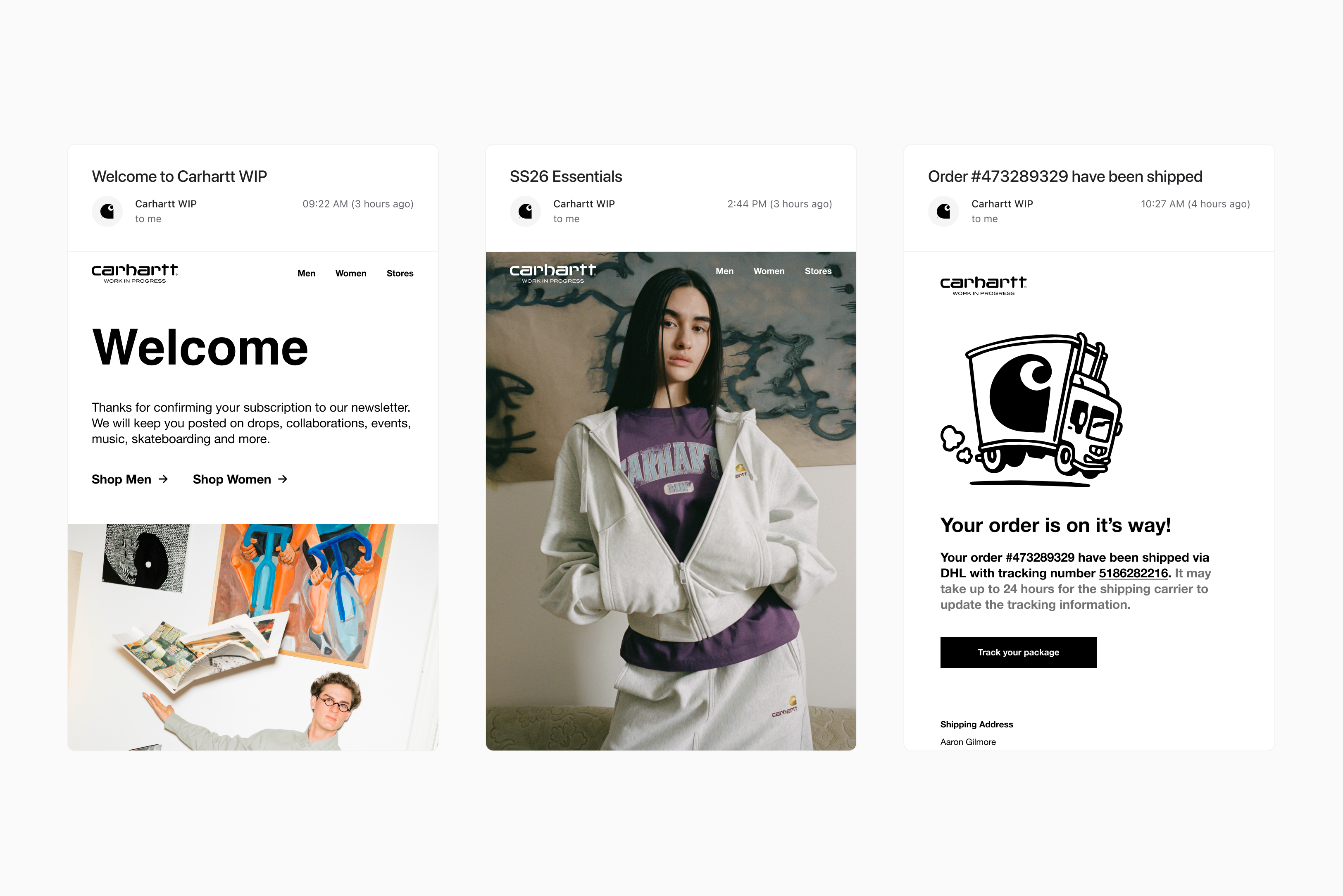 Three Carhartt WIP email mockups showing a welcome message, a fashion lookbook with a model in casual wear, and a shipping confirmation with a truck graphic.