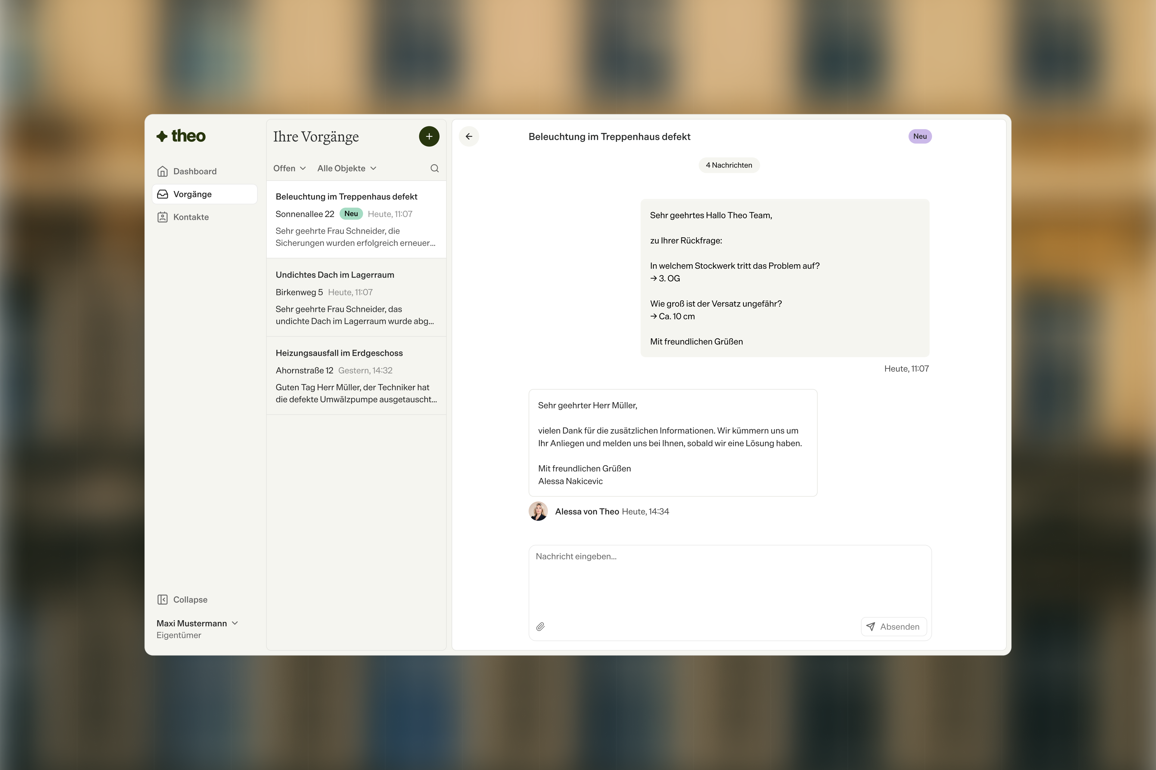 Theo property management interface showing case lists and a German chat about defective stairwell lighting.