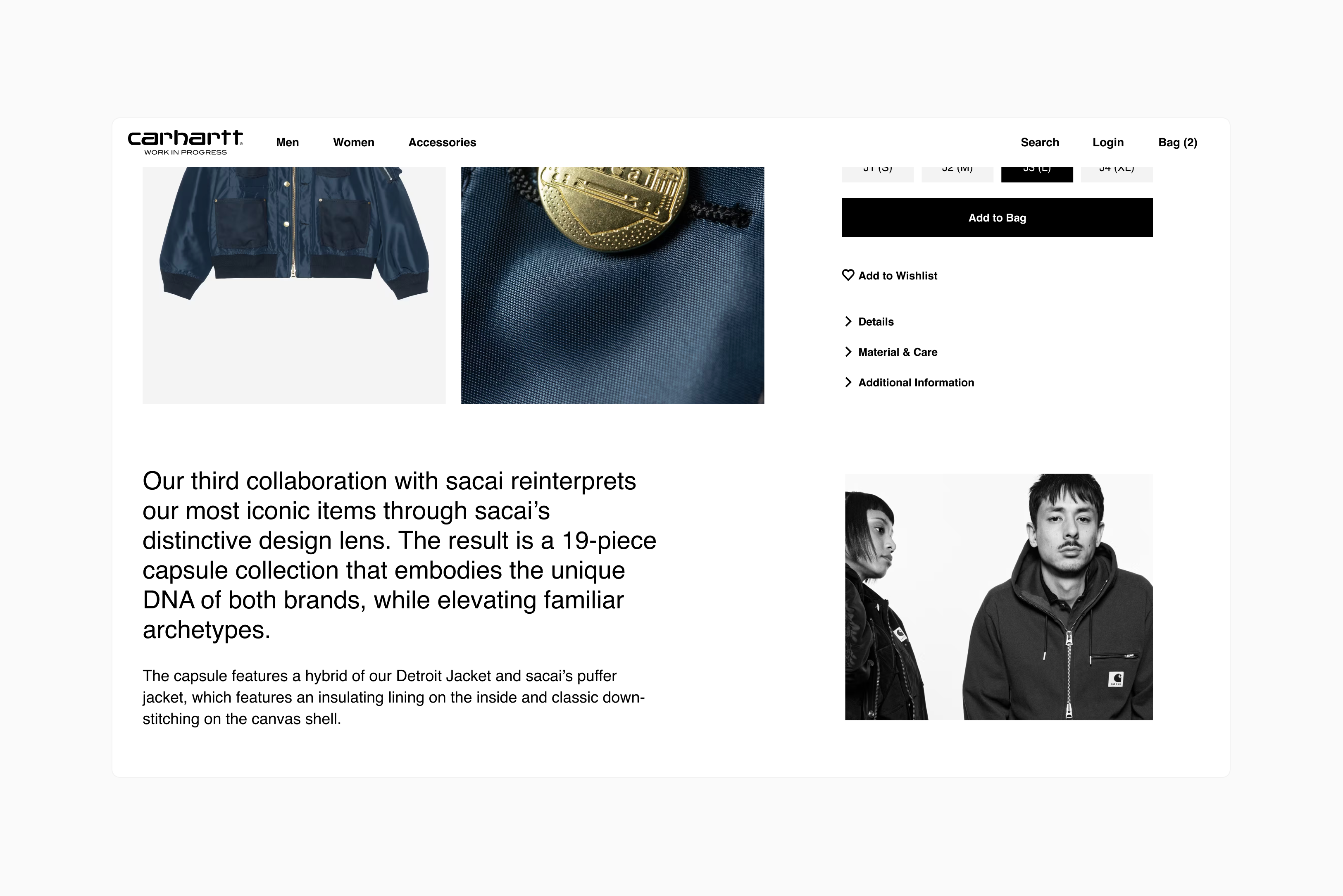 Product page showing a navy jacket, close-up of a gold button on fabric, descriptive text about a capsule collection, and a black-and-white photo of two models.