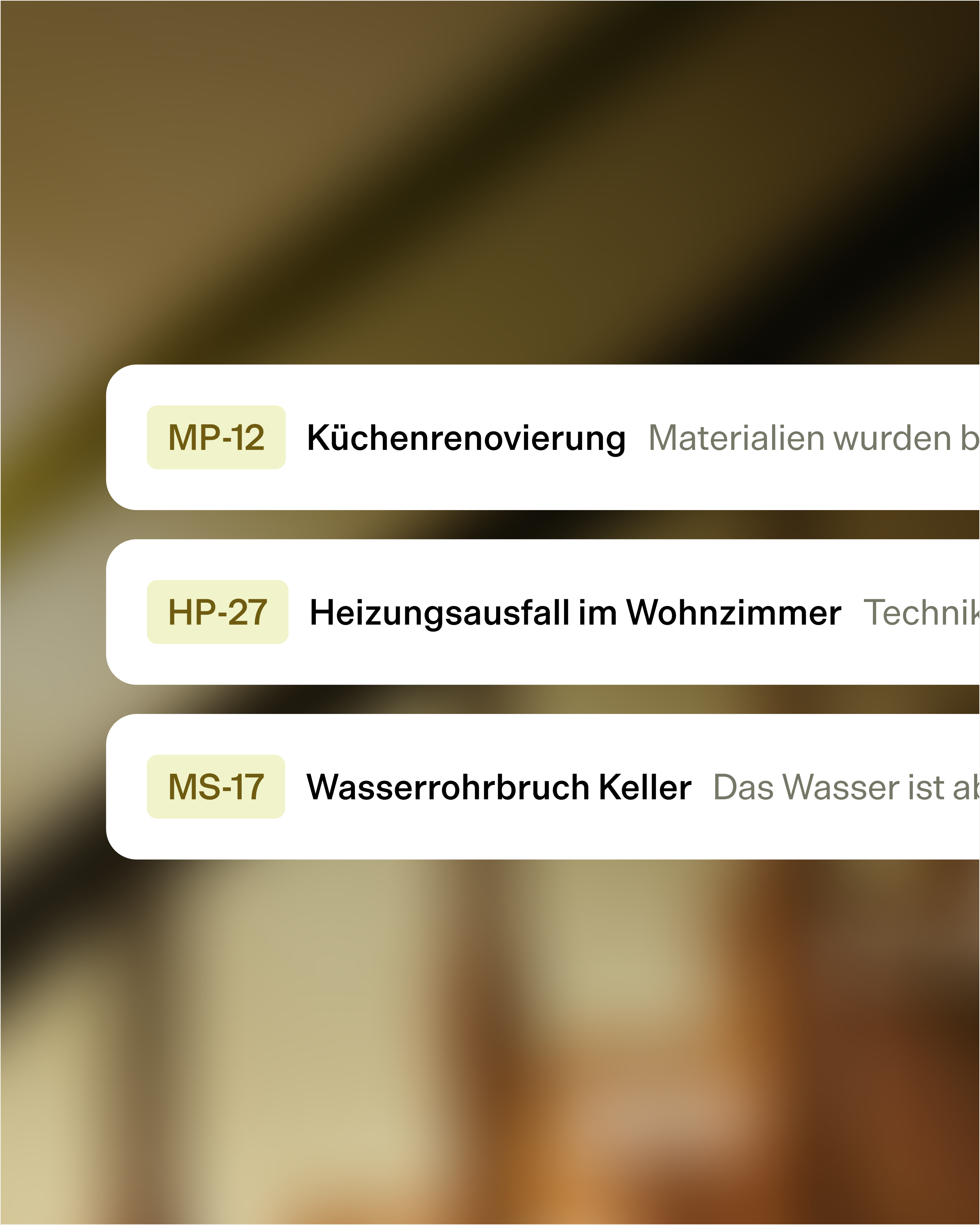 Three white task cards list MP-12 Küchenrenovierung, HP-27 Heizungsausfall im Wohnzimmer, and MS-17 Wasserrohrbruch Keller.