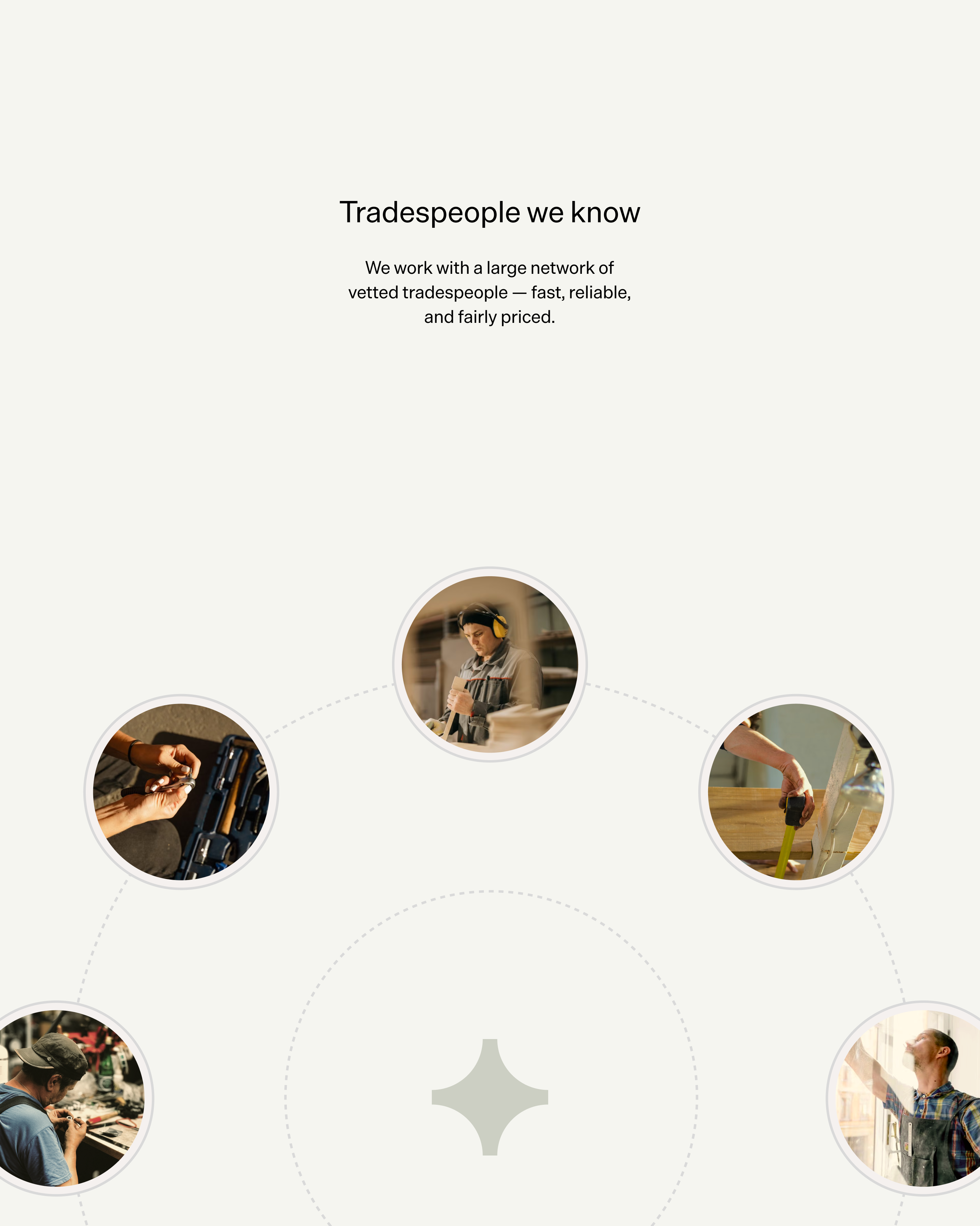 Tradespeople we know: a network of vetted workers shown using tools, woodworking, measuring, and installing a window.