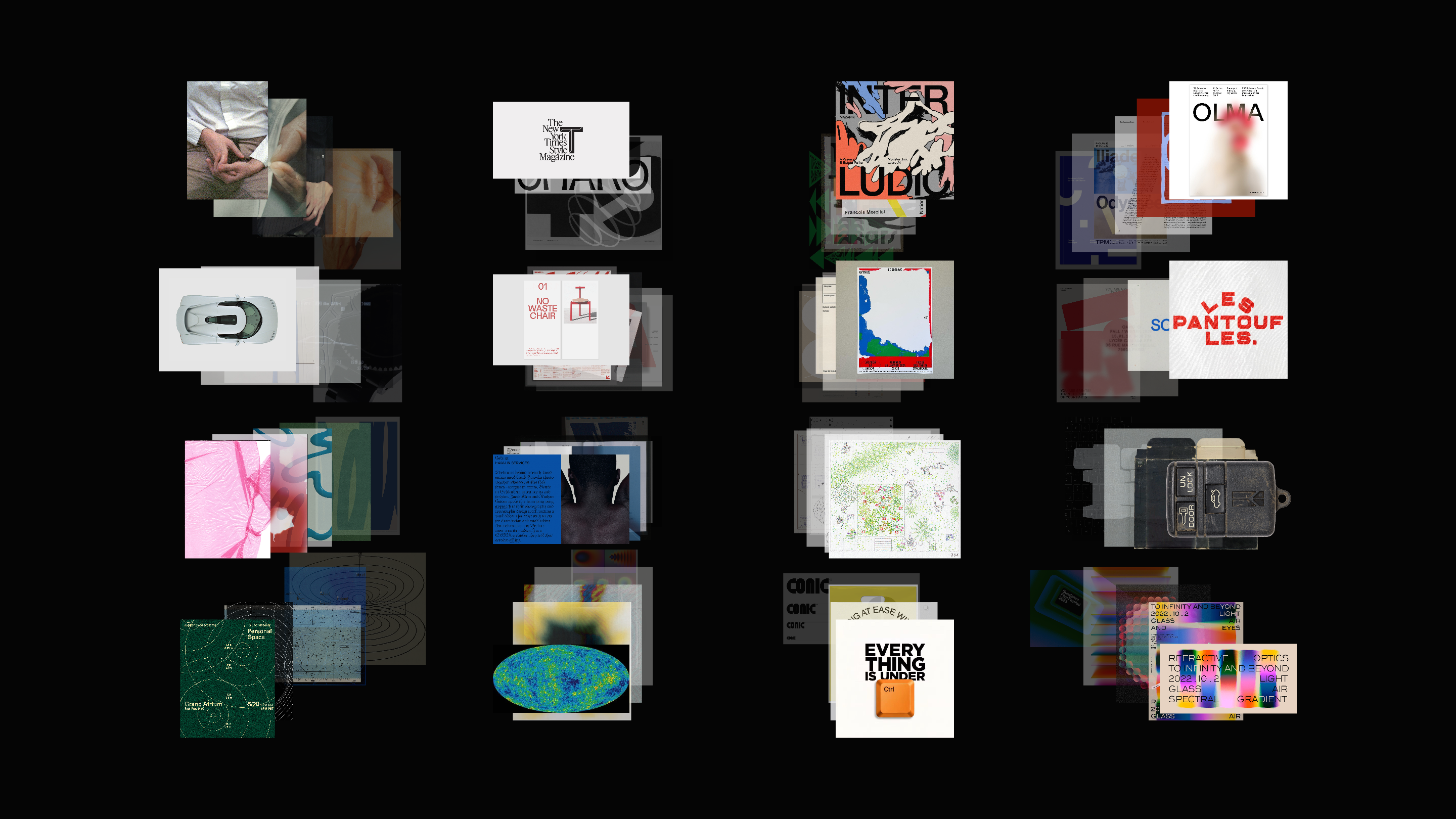 Overlapping clusters of posters, photographs, maps, graphics, and objects arranged in rows on a black background.