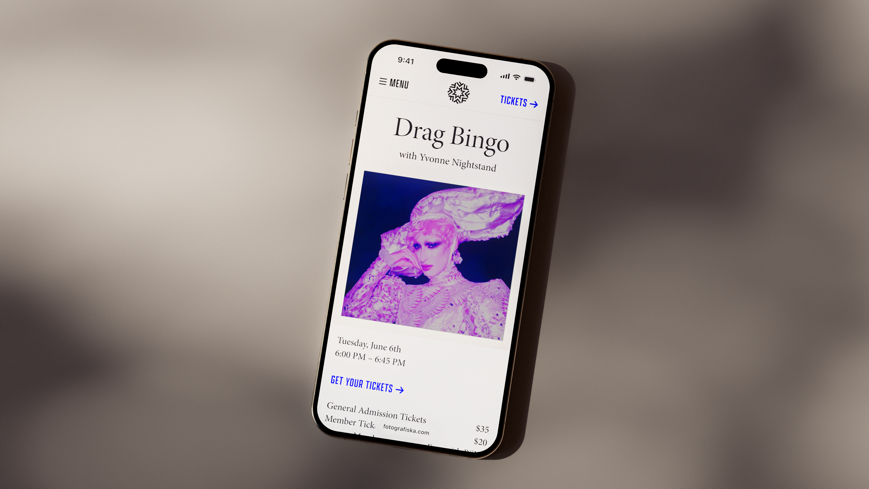 A smartphone displaying a mobile event page for 'Drag Bingo with Yvonne Nightstand,' featuring a purple-tinted photo of a drag performer and ticket purchasing options for a Tuesday, June 6th event.