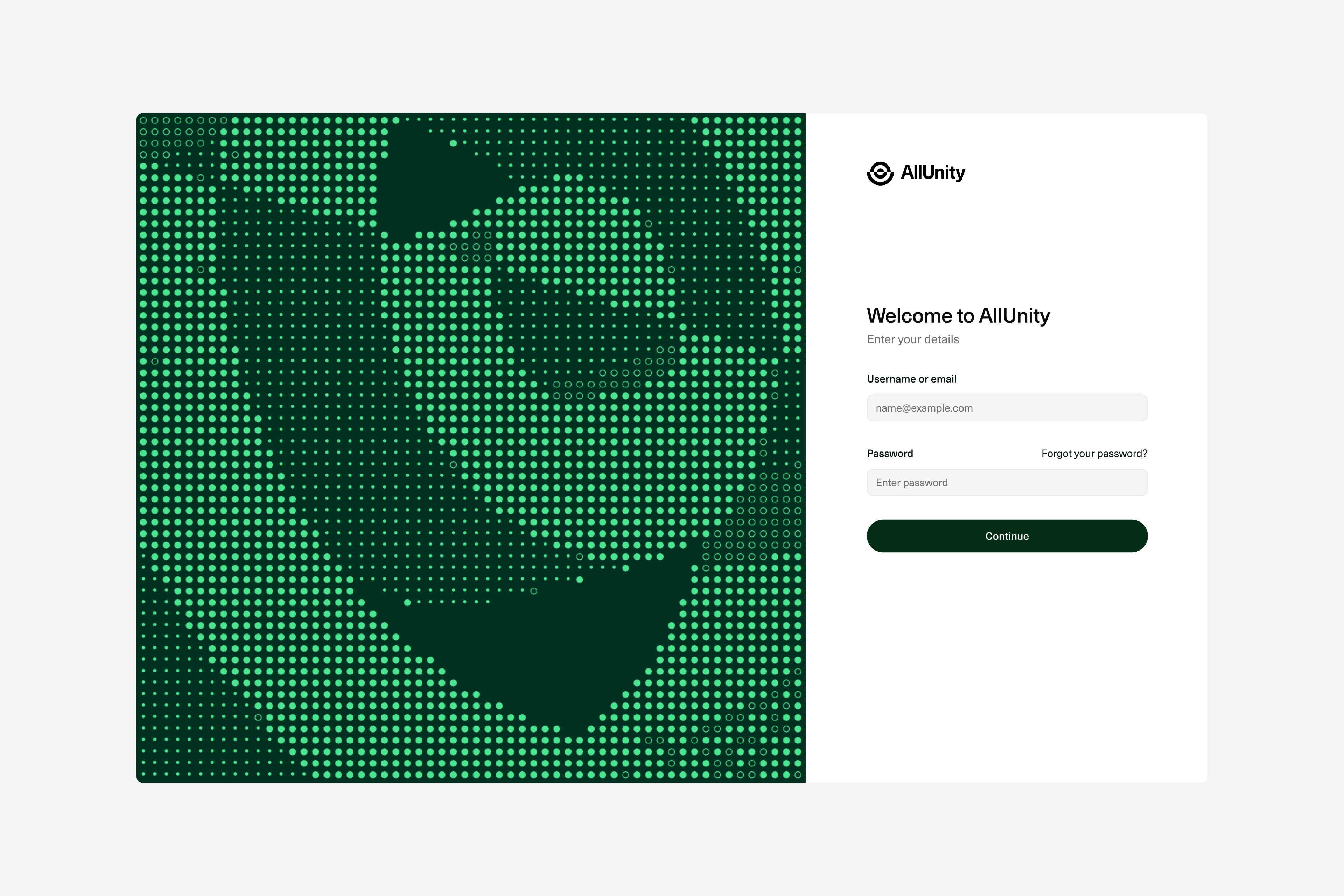 AllUnity login screen with a green dotted abstract pattern on the left and a sign-in form with email, password fields, and Continue button on the right.
