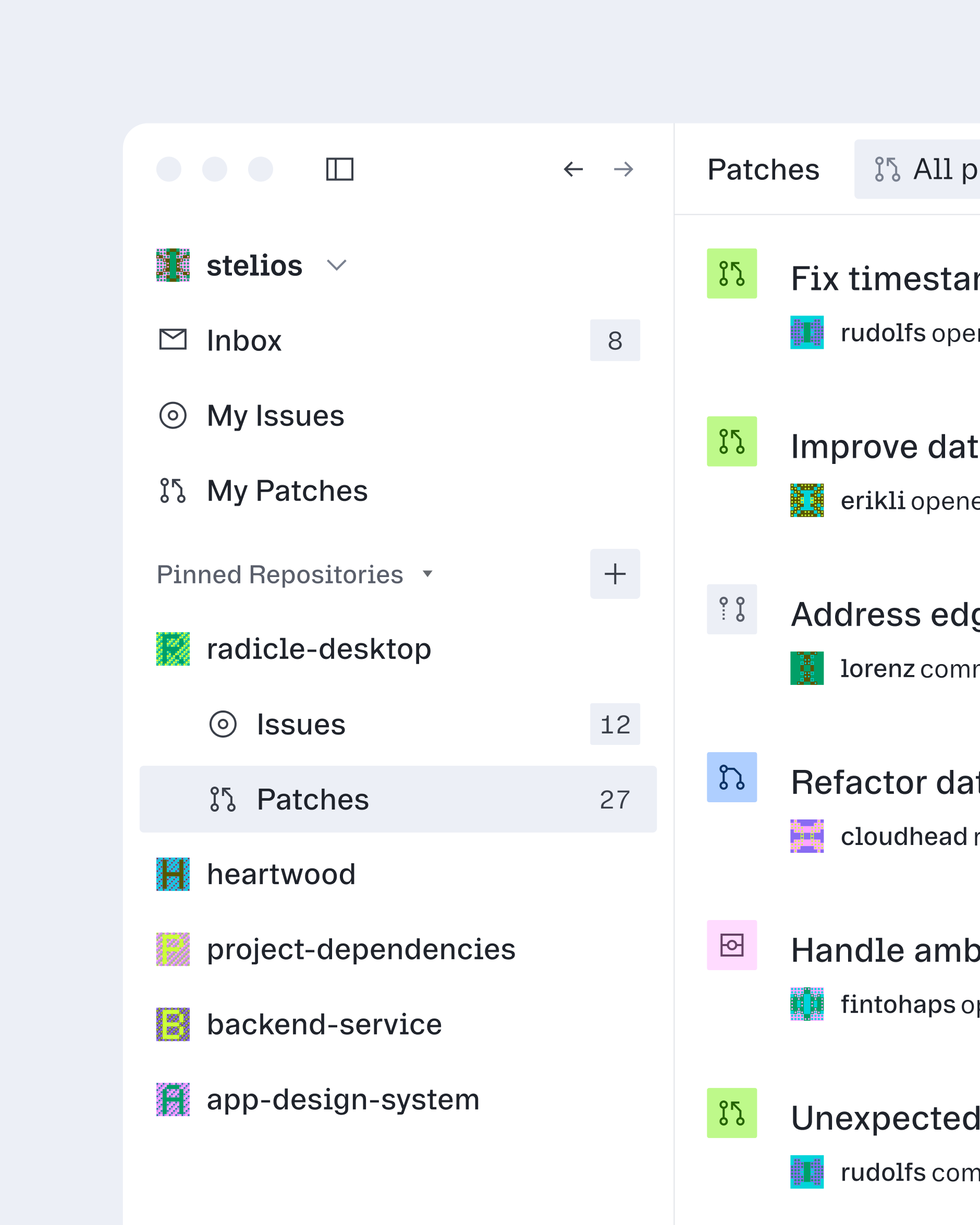 Desktop app interface showing a sidebar of repositories and a main list of code patches with titles, authors, and colored status icons.
