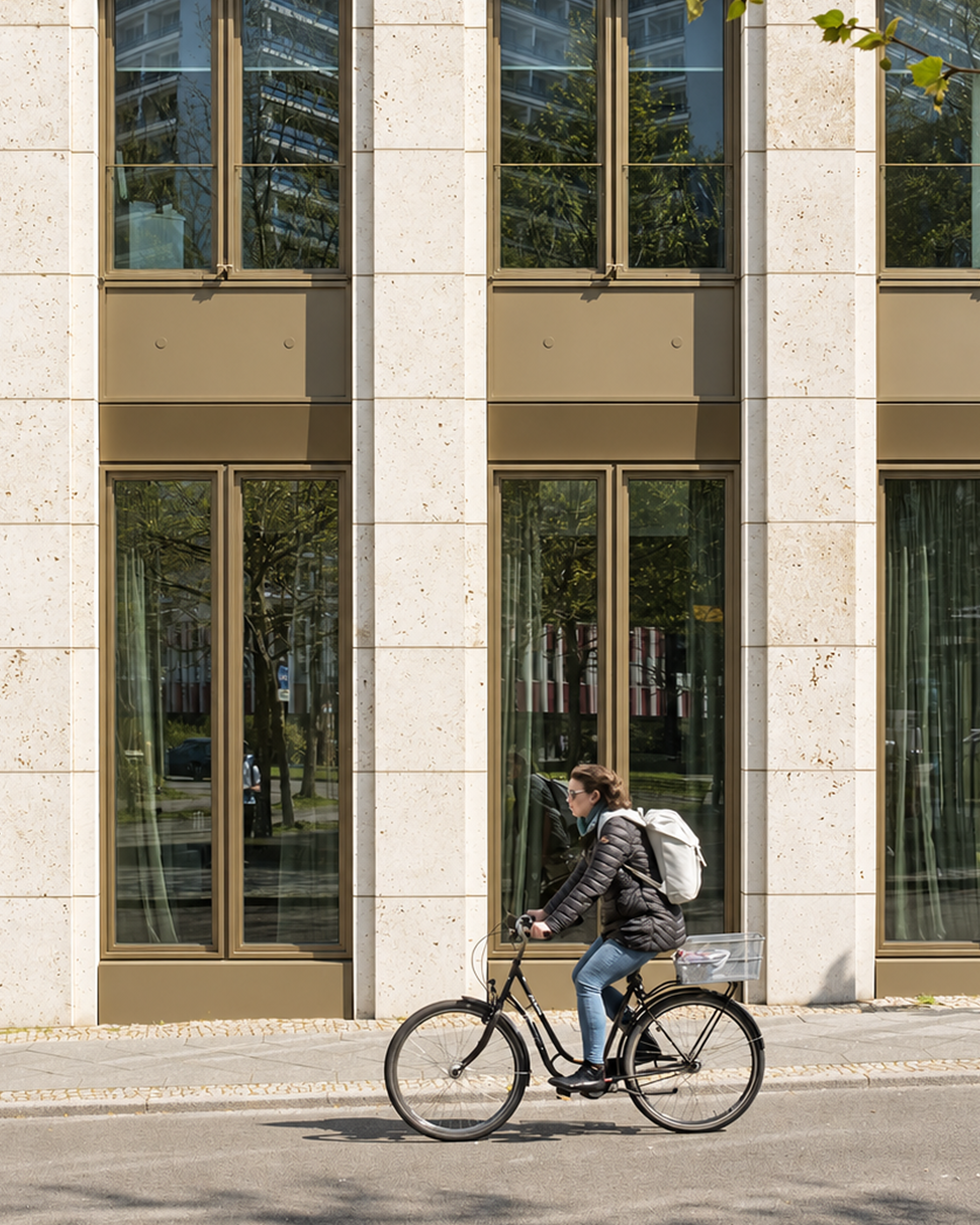 Woman with a white backpack rides a black bicycle past a sunlit stone building with tall reflective windows.