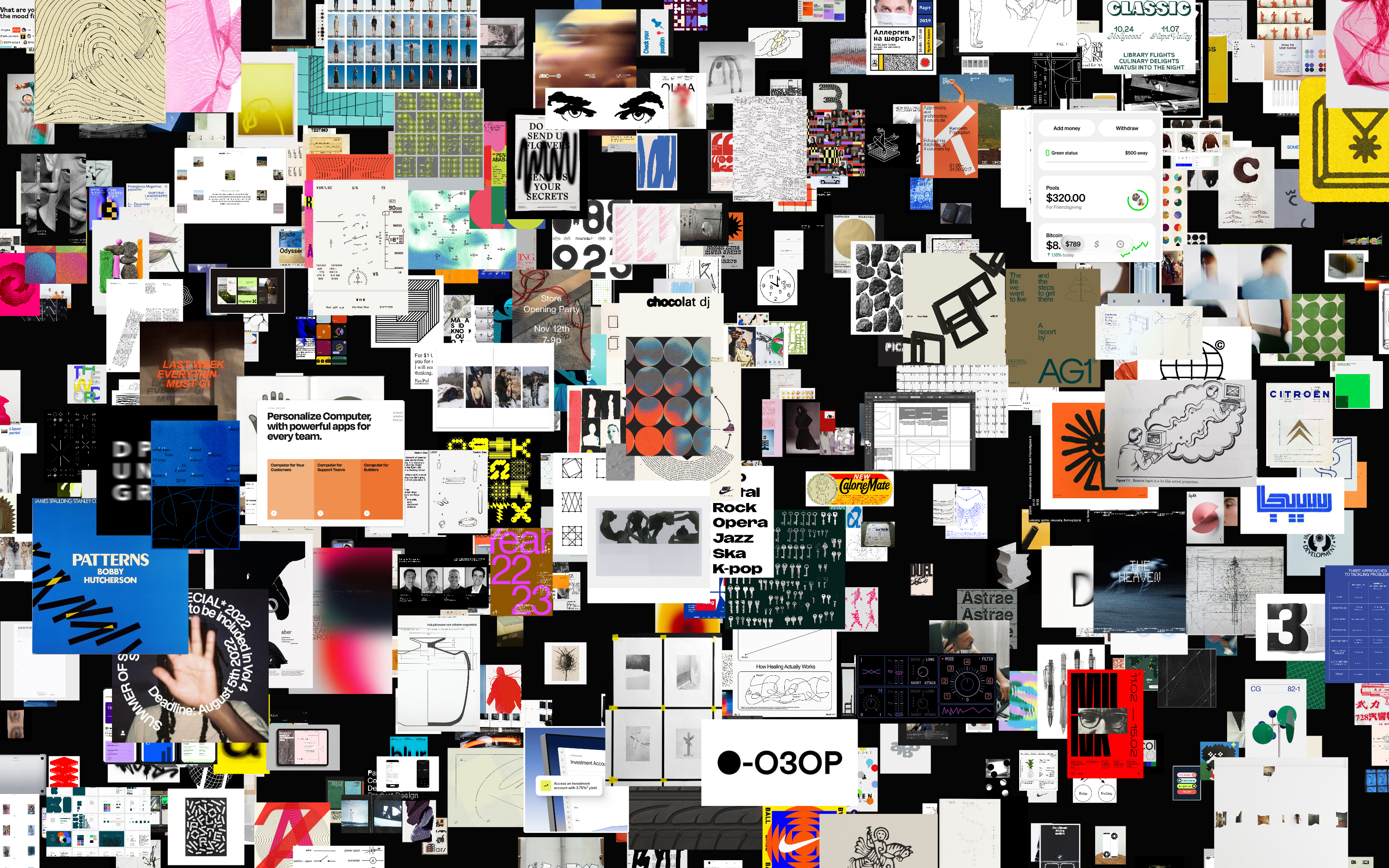 Dense collage of overlapping graphic design samples, posters, diagrams, photos, patterns, and interface mockups on a black background.