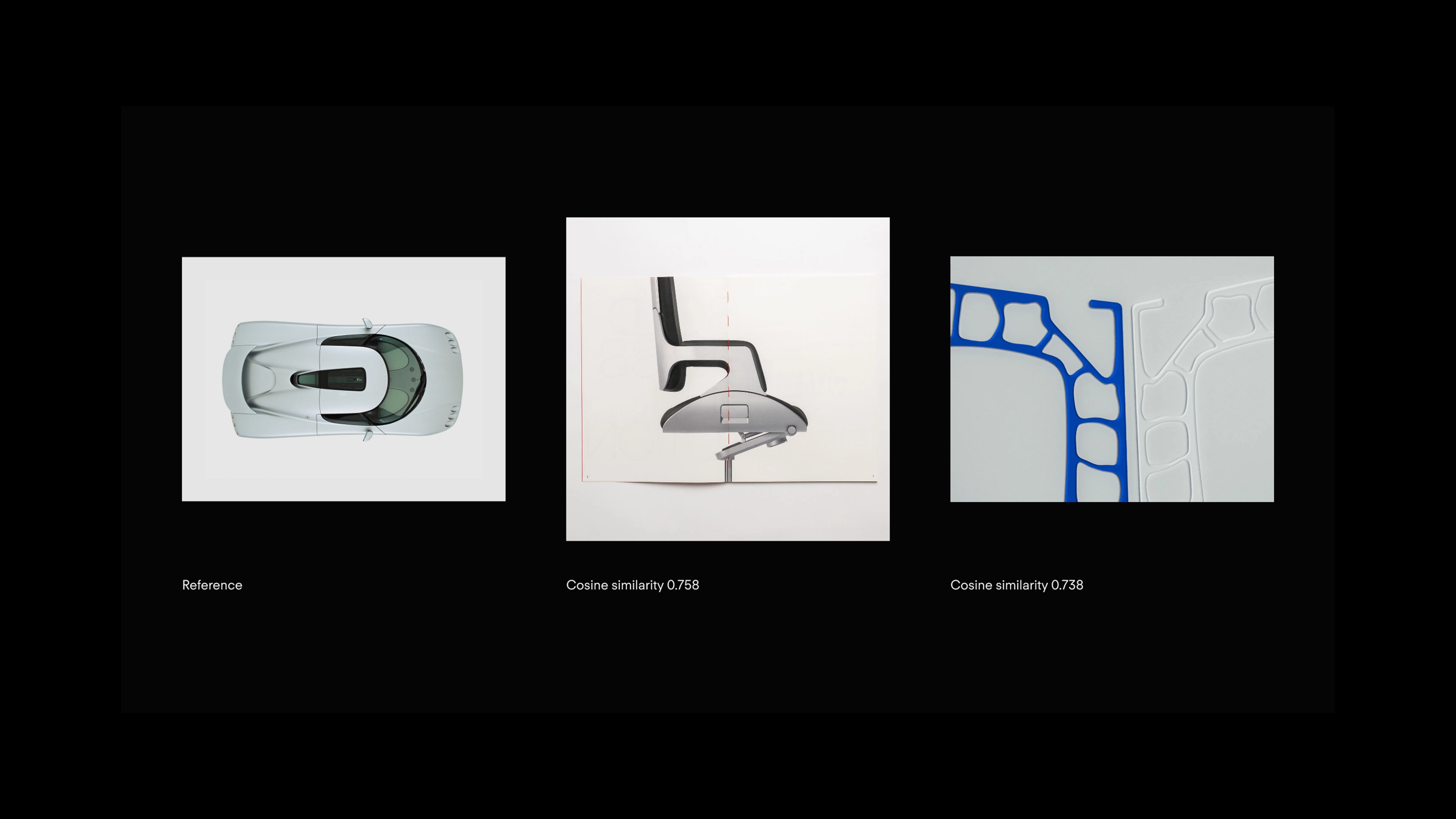 Three overlapping design images compare a white vehicle reference with two similar objects, labeled with cosine similarity scores of 0.758 and 0.738.