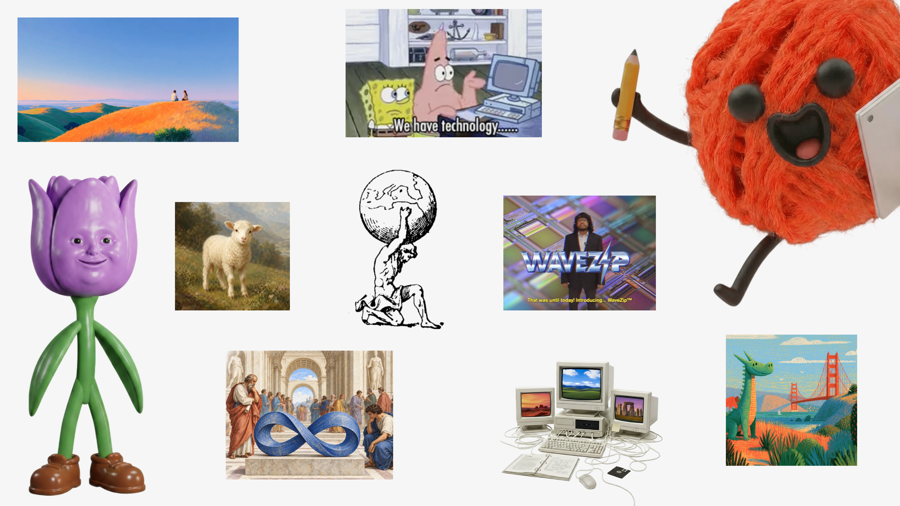 Collage of whimsical characters, landscapes, artwork, memes, and vintage computers on a white background.
