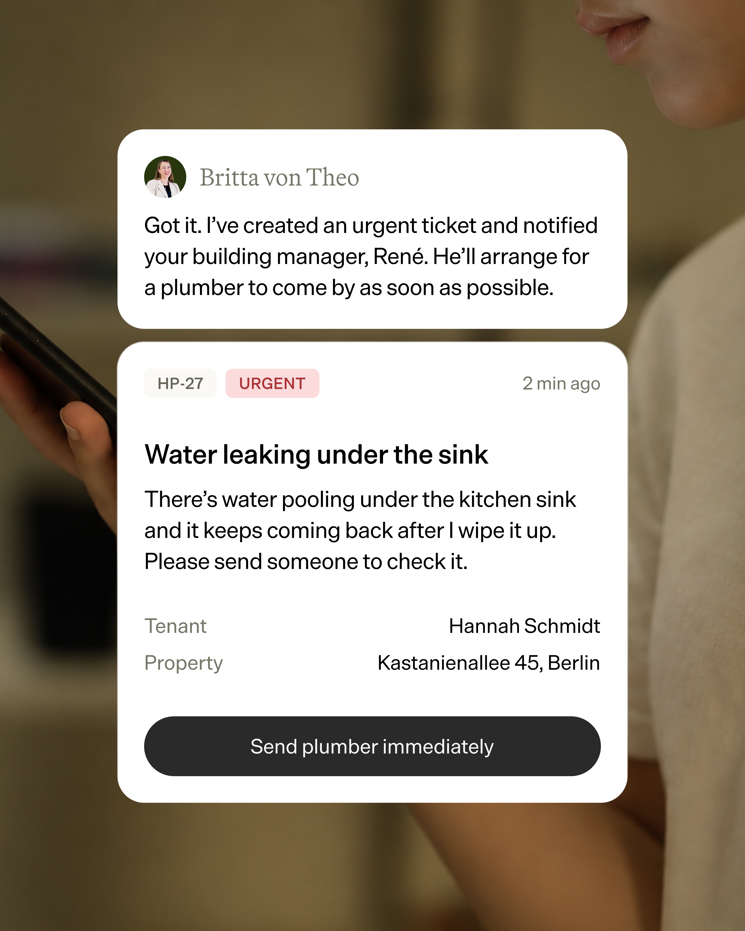 Property management app shows an urgent water leak ticket and a message confirming a plumber will be arranged as soon as possible.