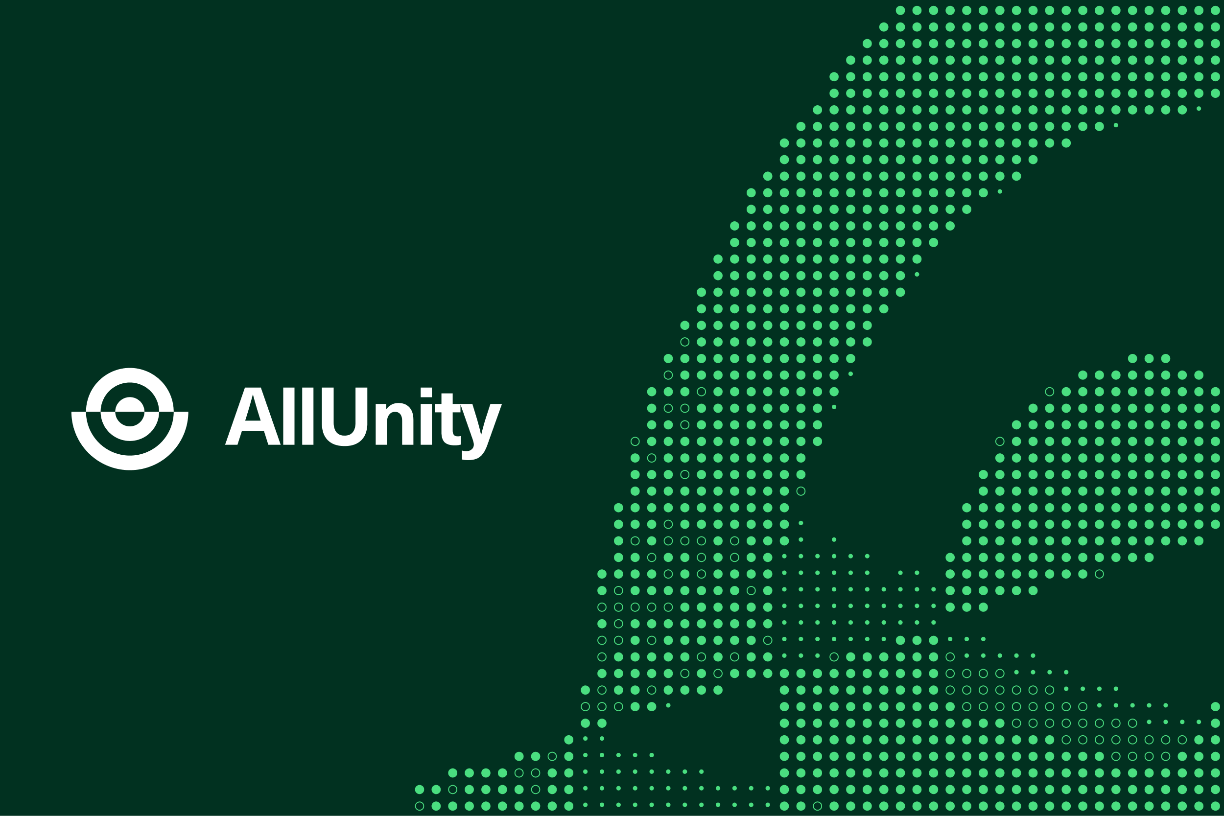 AllUnity logo on a dark green background with a circular icon on the left and a large pattern of green dots forming abstract curves on the right.