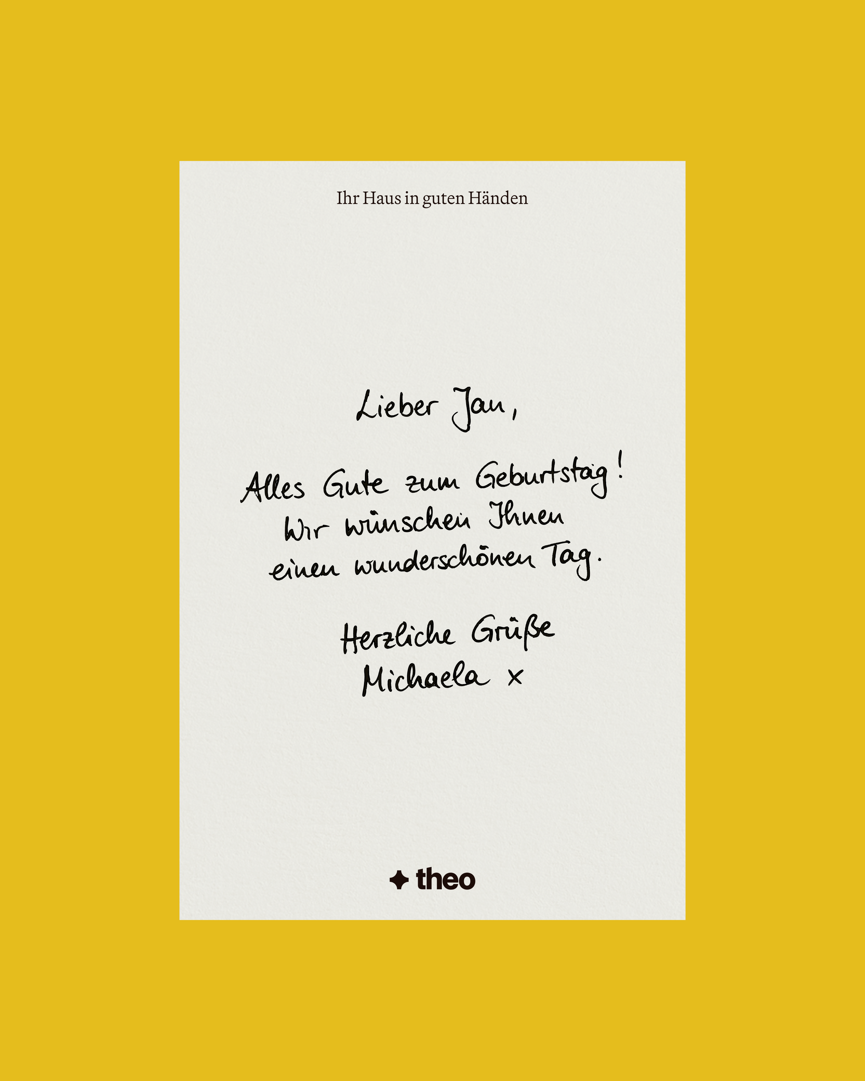 Handwritten German birthday message to Jan from Michaela on white stationery, framed by a mustard-yellow background with the Theo logo.