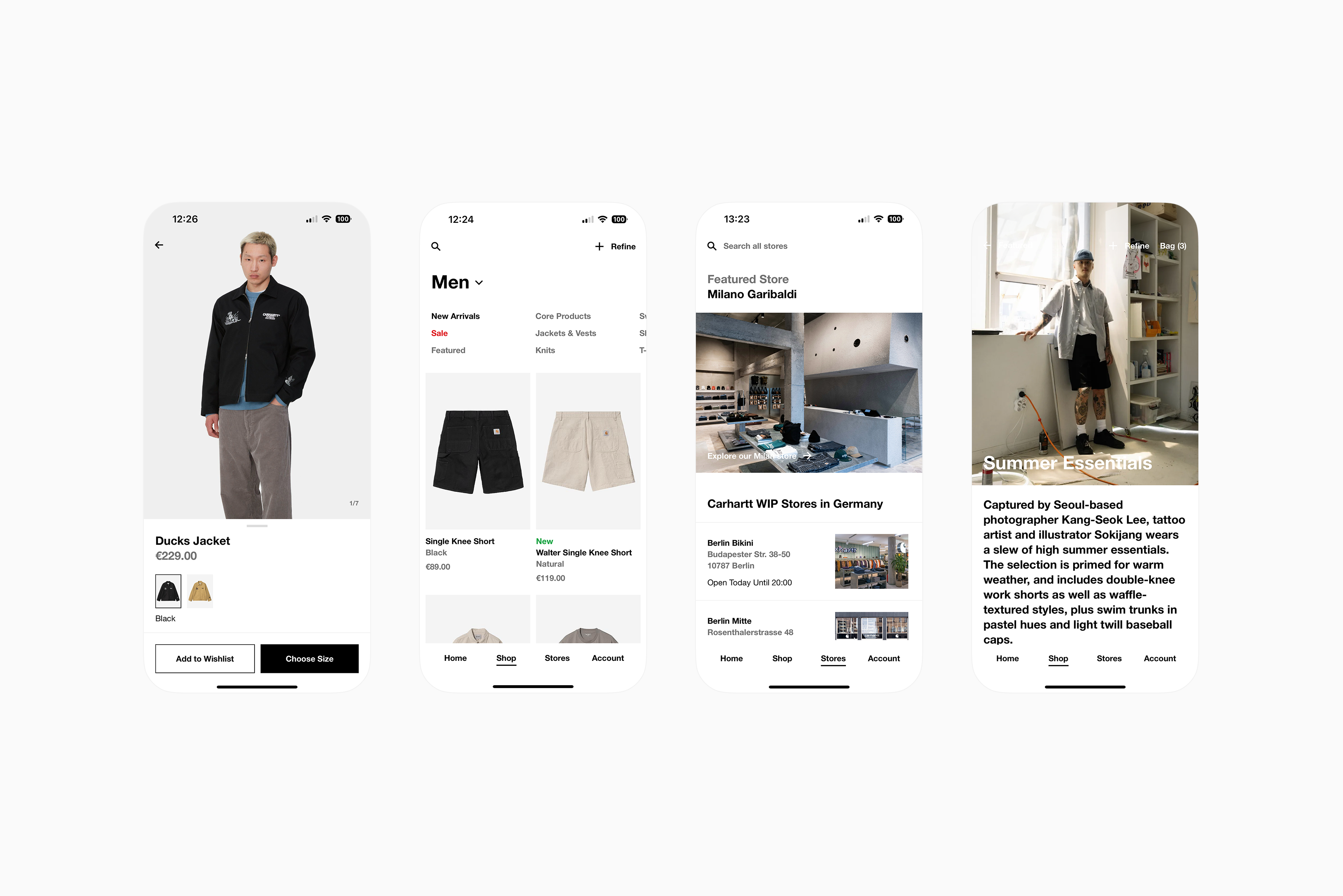 Four mobile app screens showcasing a fashion e-commerce application, displaying product listings including a Ducks Jacket, men's shorts, a featured store section for Carhartt WP Stores in Germany, and a Summer Essentials editorial feature.