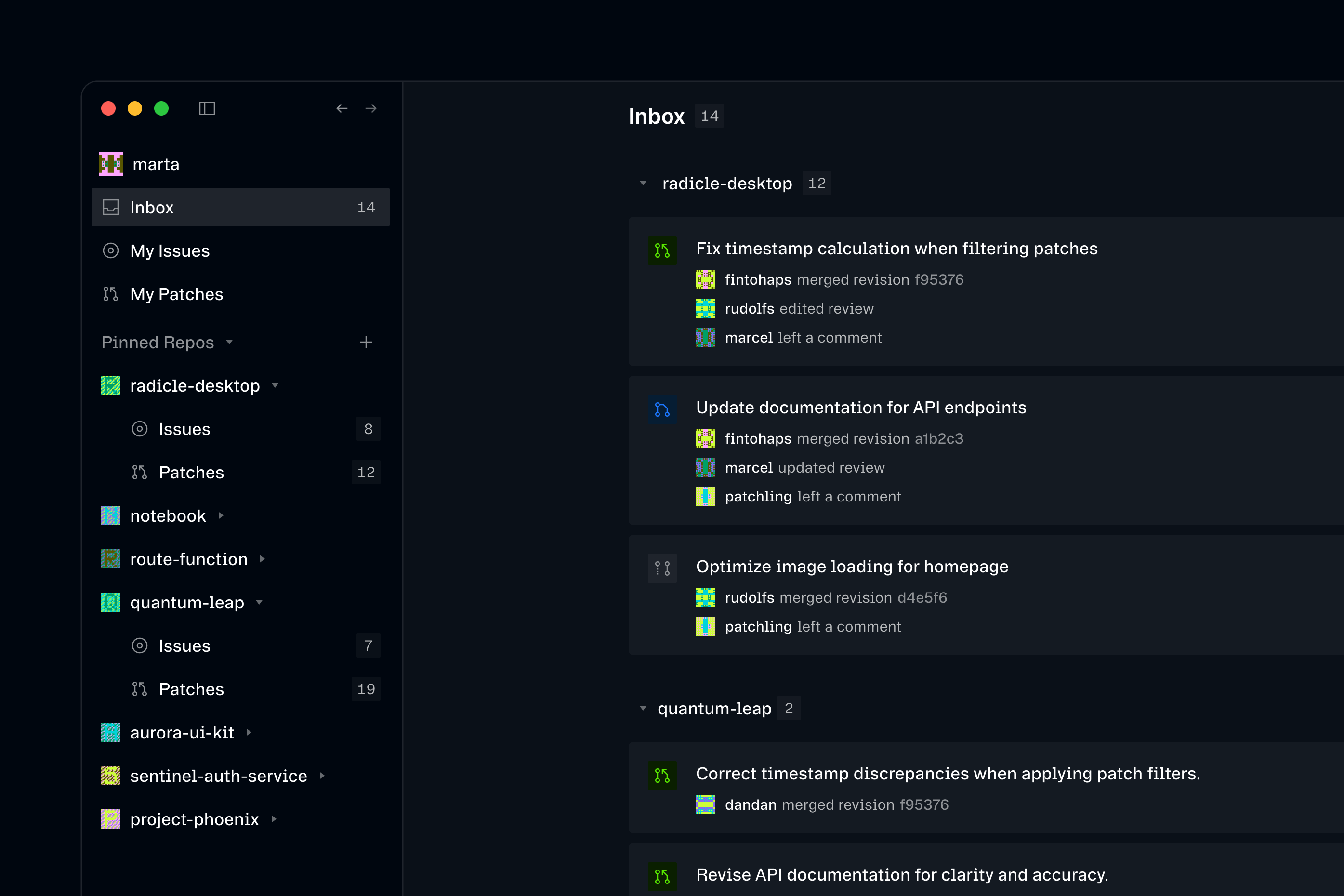Dark-themed Radicle desktop app showing an Inbox view with a sidebar of pinned repositories and a list of grouped code review notifications.