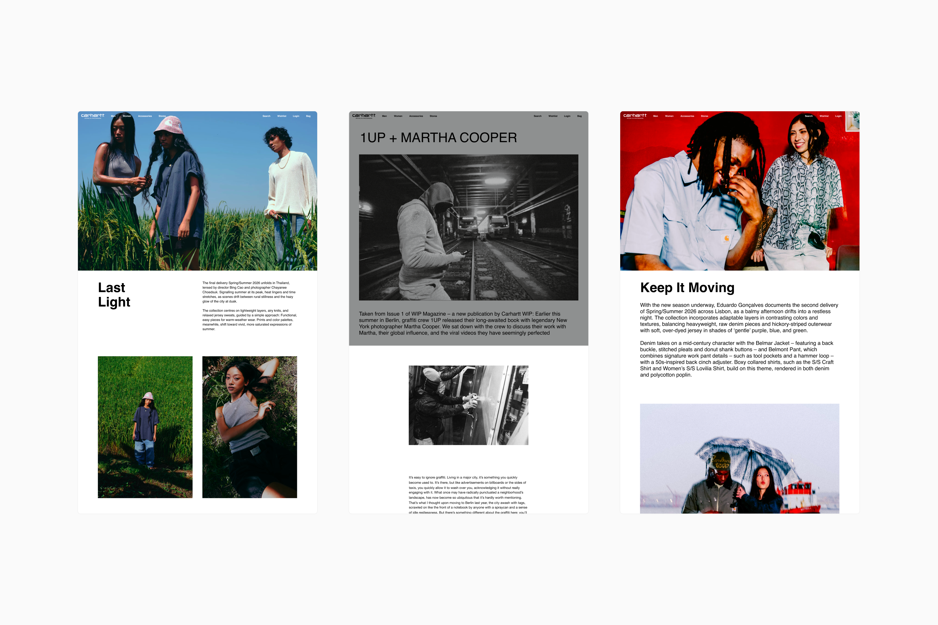 Three editorial-style web page mockups display fashion photography and text layouts on blue, gray, and red themed designs.