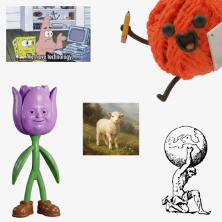 Collage featuring SpongeBob and Patrick, a fuzzy orange character, a purple flower figure, a lamb, and Atlas holding Earth.