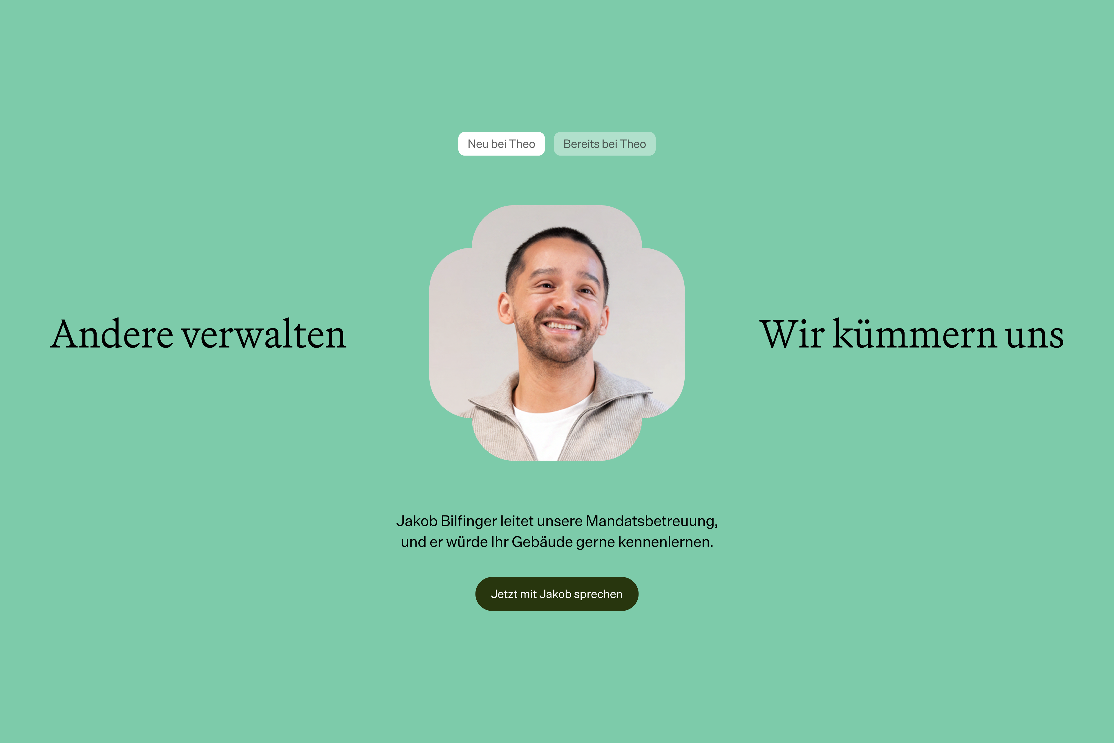 Contact page on a mint-green background featuring Jakob Bilfinger’s portrait, navigation options, and a button to speak with him.