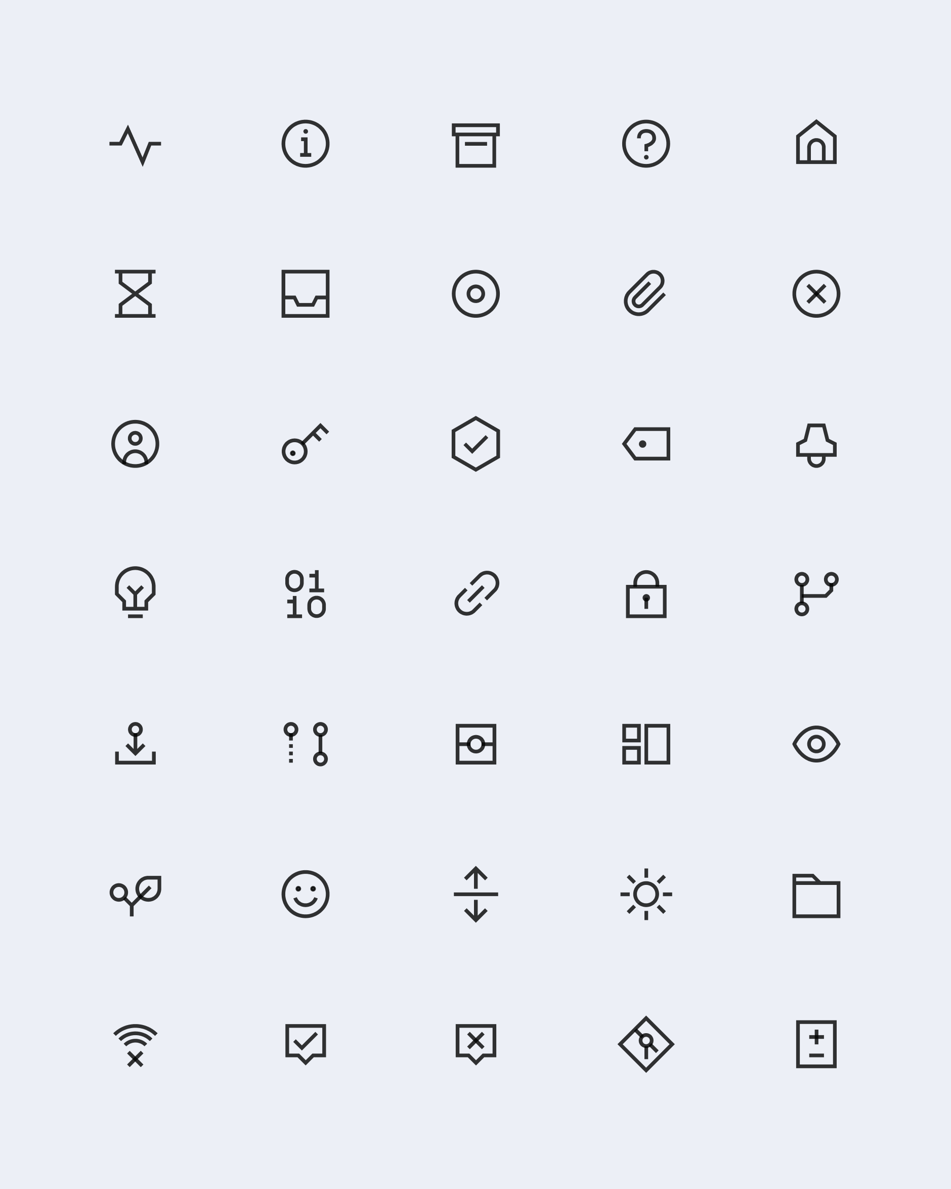 Grid of minimalist line icons on a light gray background, including symbols like home, info, lock, lightbulb, folder, Wi‑Fi, and smiley face.
