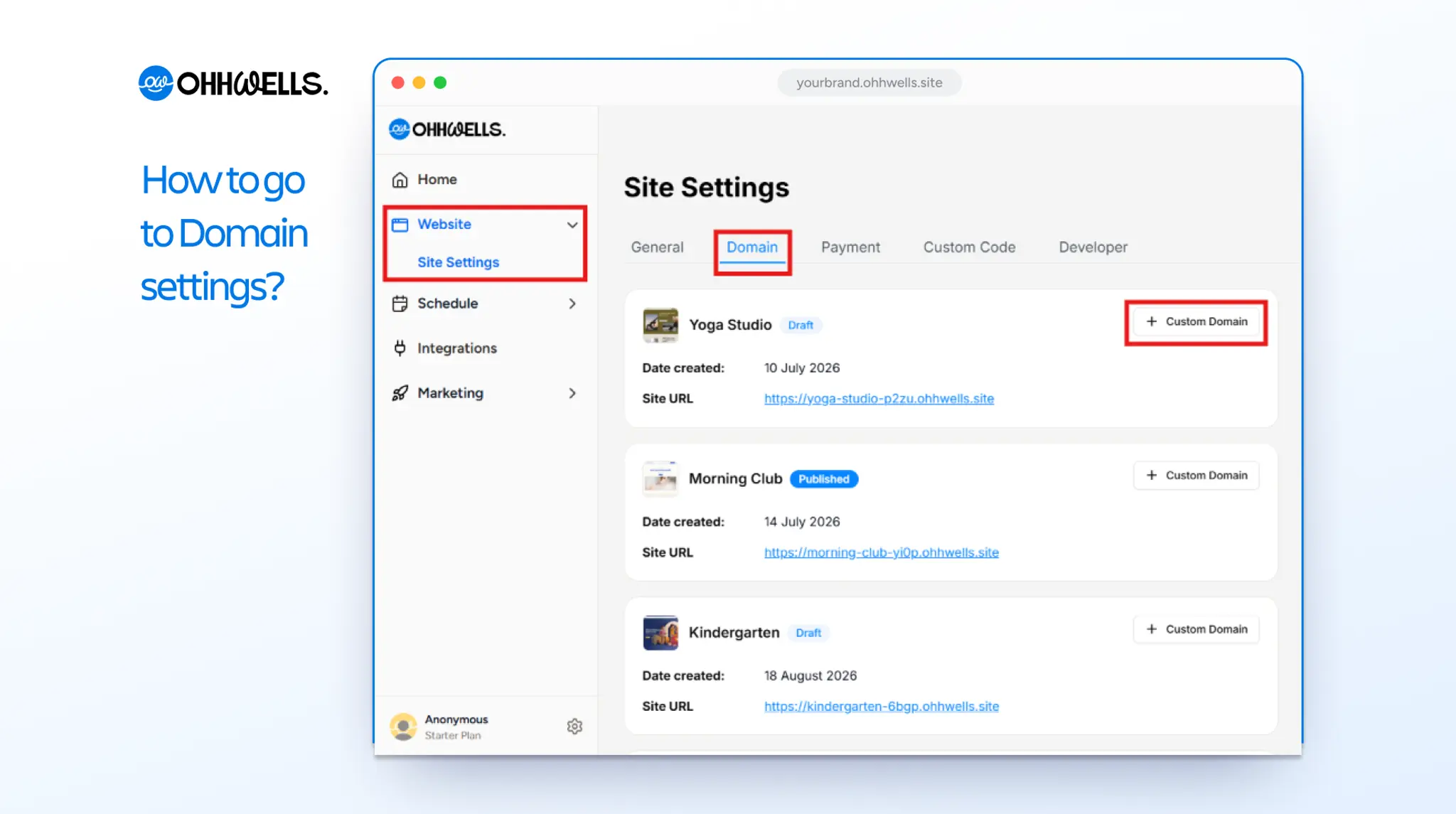 OhhWells Site Settings with the Domain tab open, showing Website > Site Settings and the Custom Domain button highlighted.