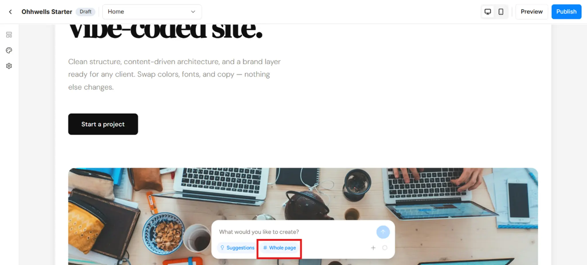 AI chat box with the "Whole page" tag highlighted, meaning nothing is selected