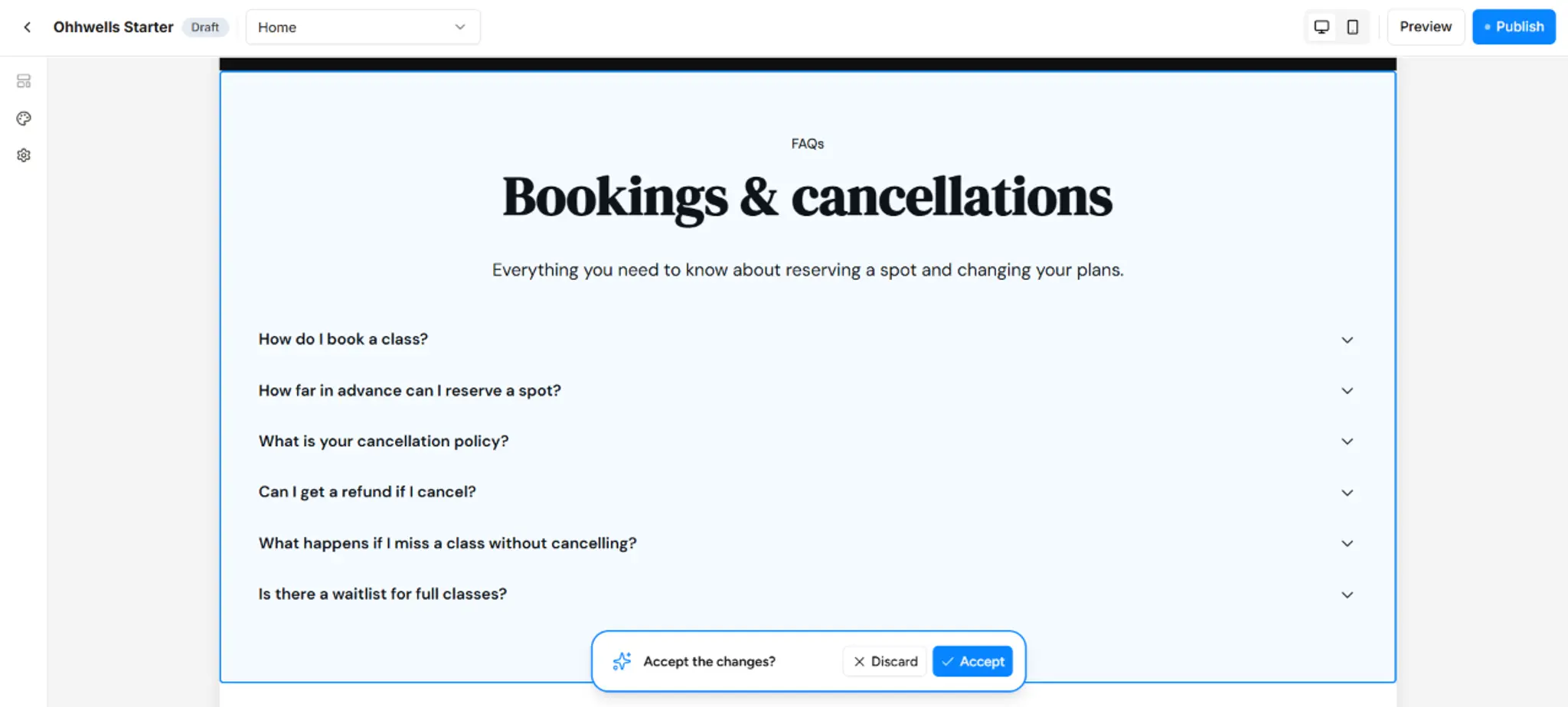 FAQ section titled "Bookings & cancellations", listing six expandable questions about booking classes, reserving spots, cancellations, refunds, no-shows and waitlists