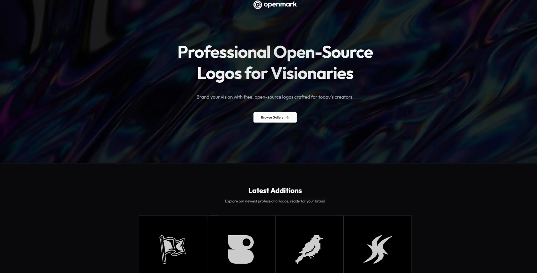 Openmark homepage screenshot showing a dark-themed hero with the headline "Professional Open-Source Logos for Visionaries" and a grid of logo thumbnails.