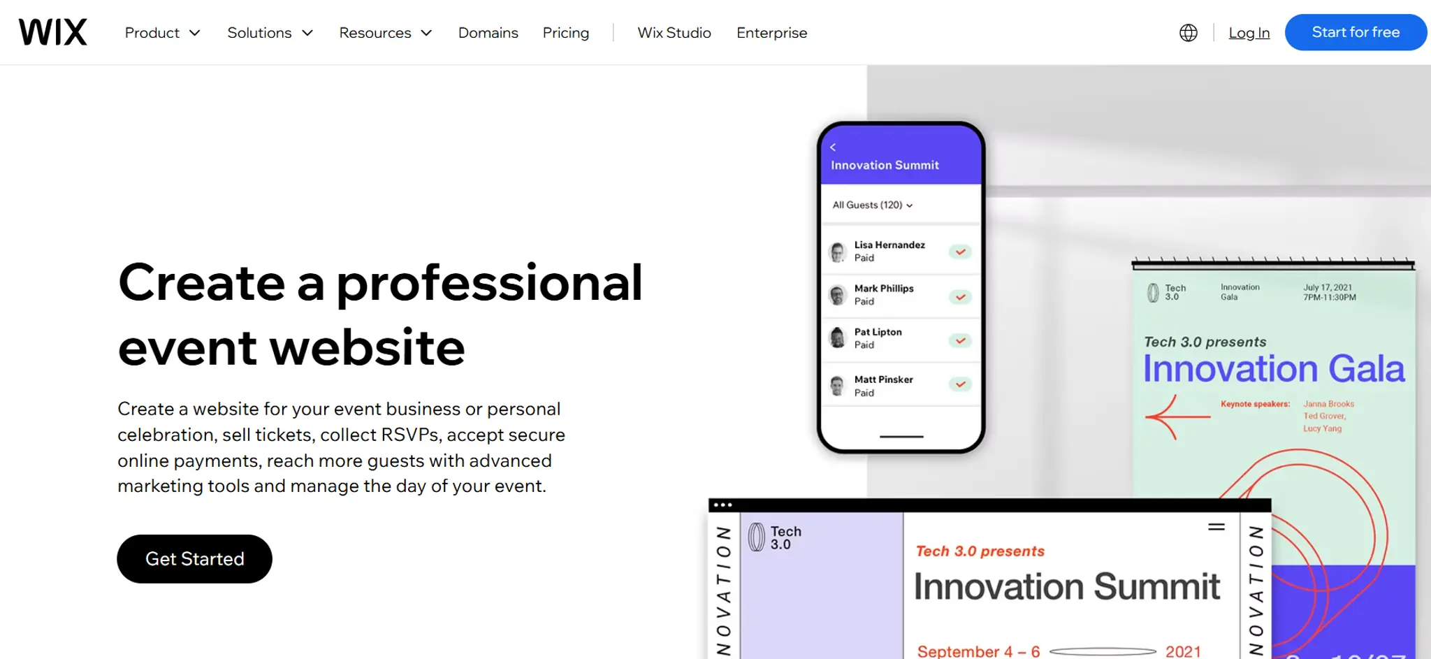 Wix's event website page, showing templates for event registration and ticketing.