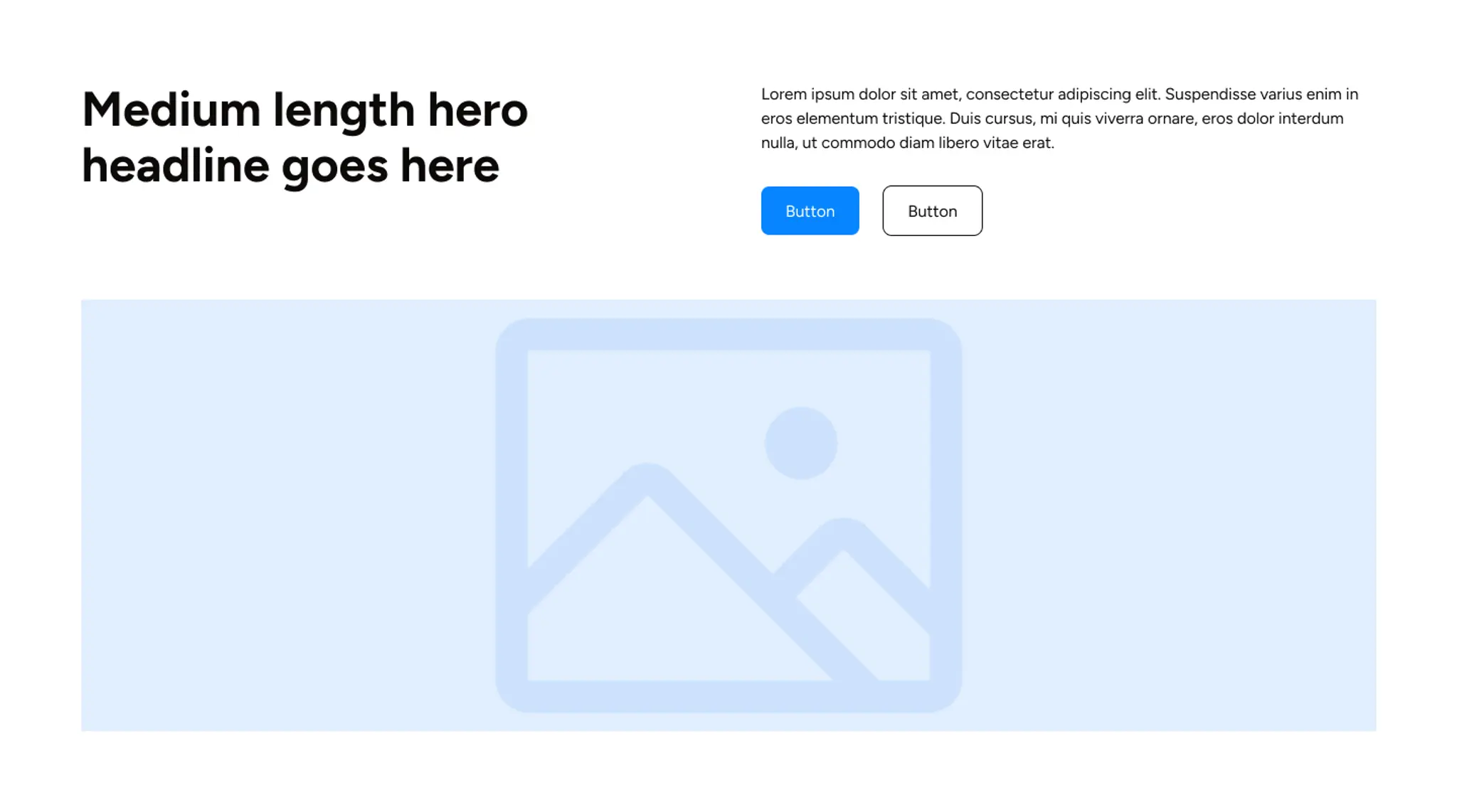 Split header — heading left, buttons and text right, image below