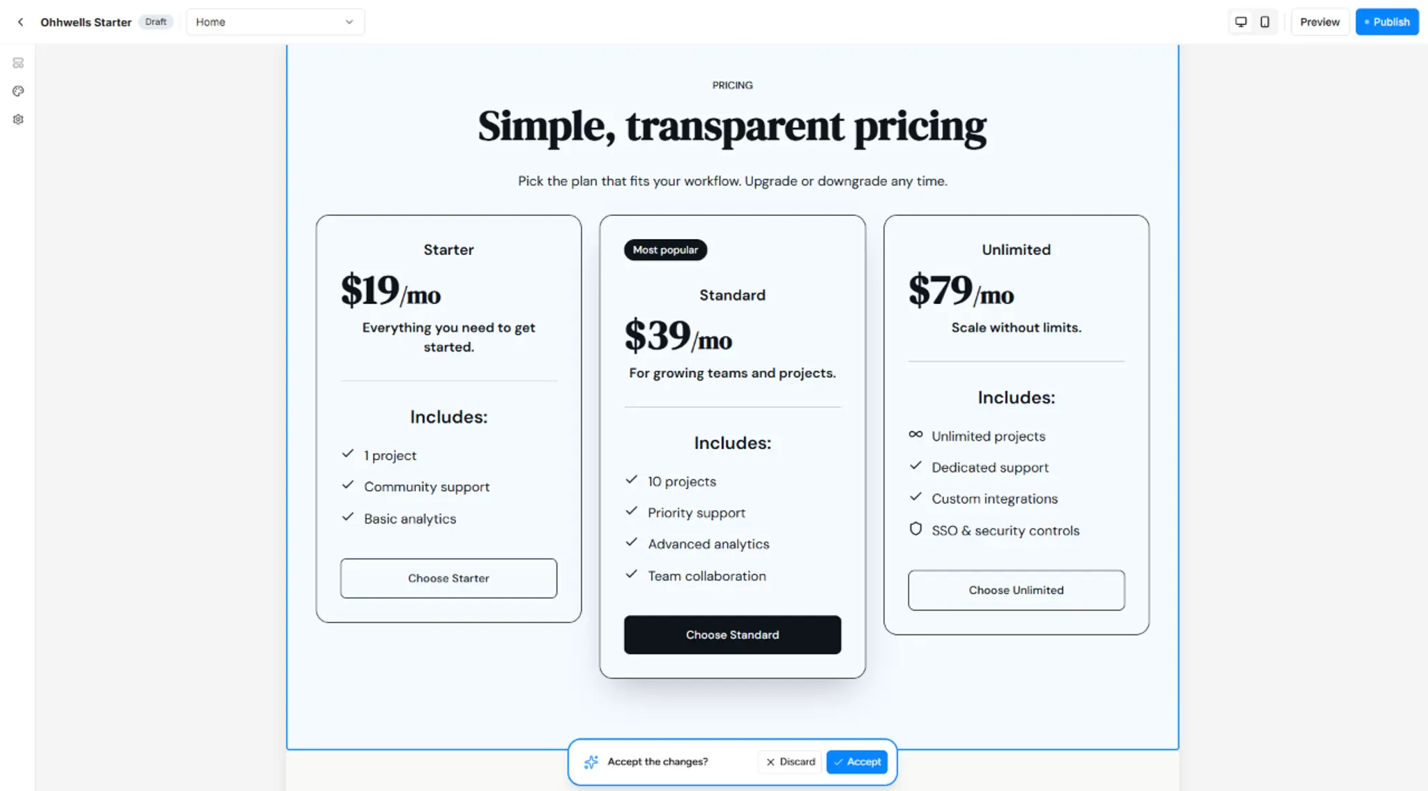 Pricing section made by the AI, with three plan cards: Starter at $19/mo, Standard at $39/mo marked "Most popular", and Unlimited at $79/mo, each listing its features