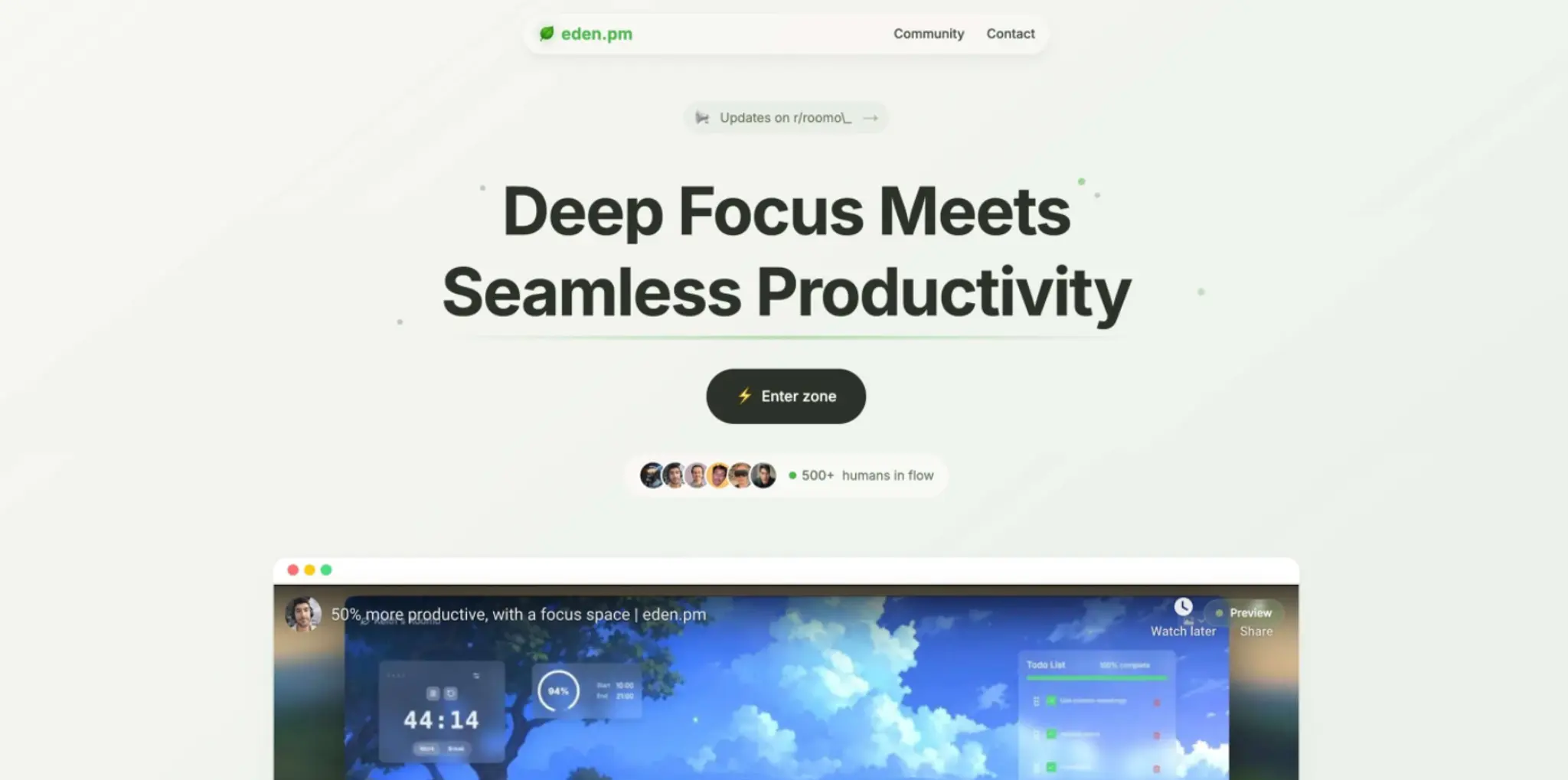 eden.pm homepage screenshot showing a productivity dashboard hero with the headline "Deep Focus Meets Seamless Productivity" and a video demo preview.
