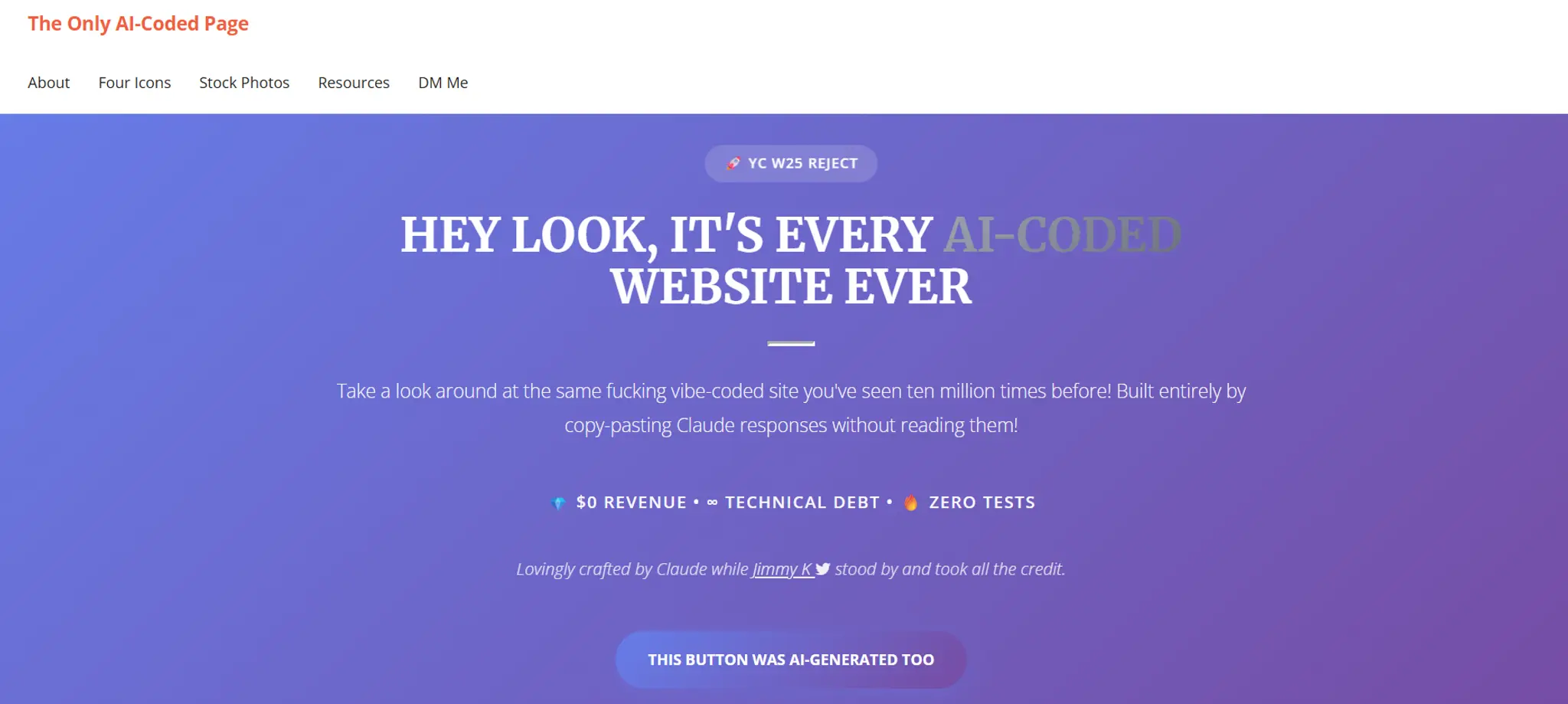 vibe-coded.lol homepage screenshot showing a purple gradient hero with the headline "Hey Look, It's Every AI-Coded Website Ever" and a fake revenue and technical-debt metrics bar.