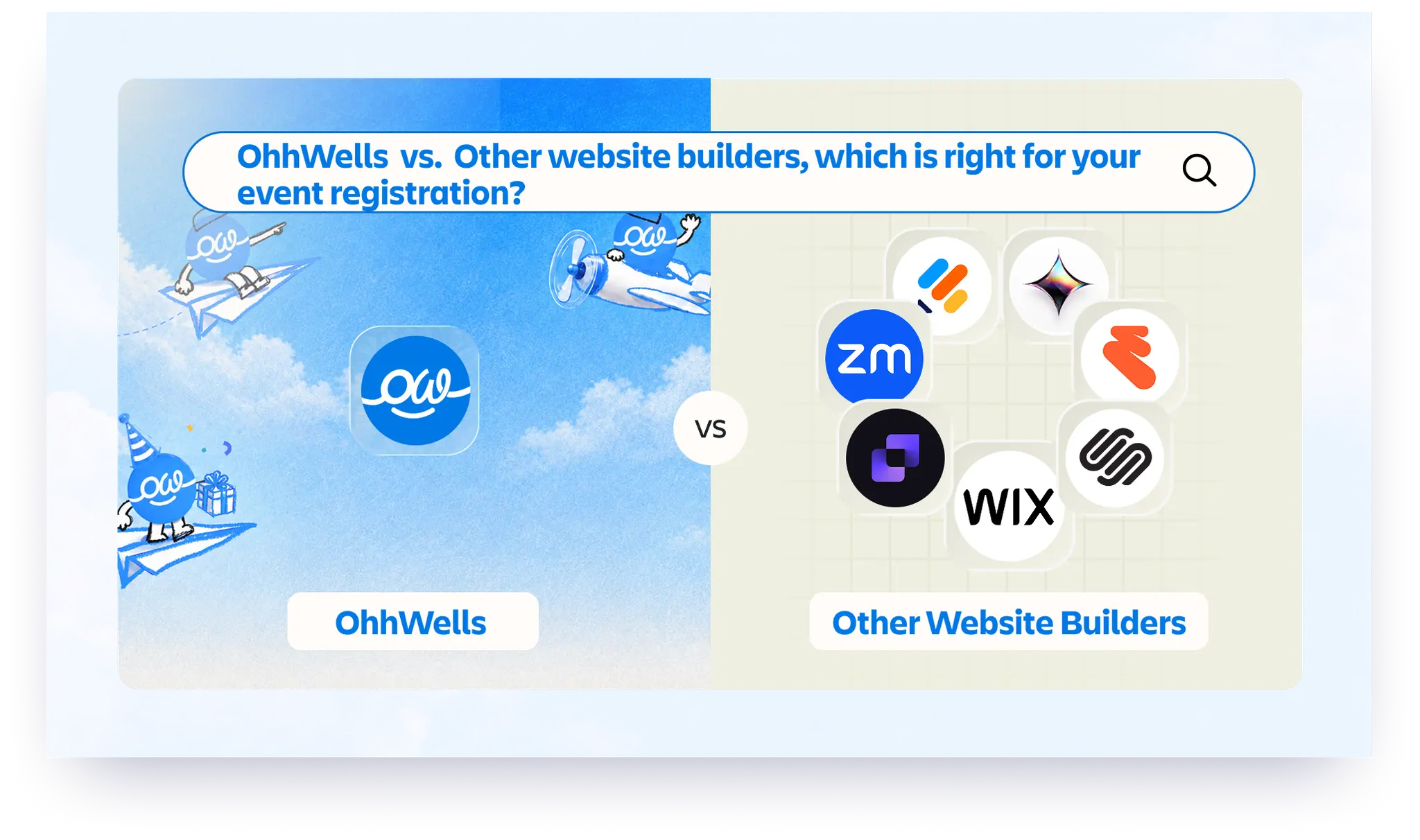 OhhWells, Wix, Squarespace, Leadpages, Eventbrite, Luma, Jotform and Zoom logos — the 8 event registration tools compared in this guide.