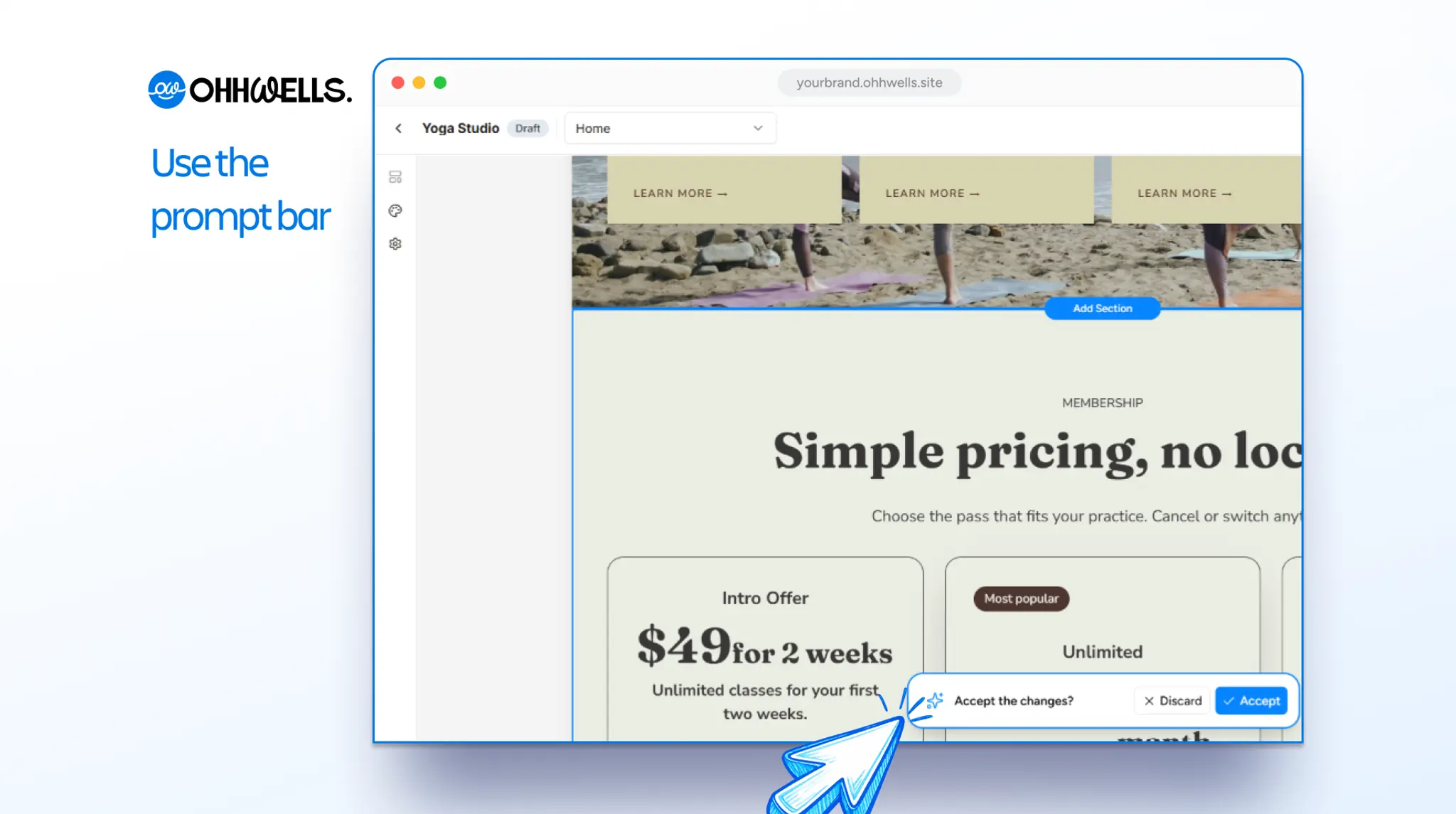 New pricing section titled "Simple pricing, no lock-in" added below the services section, showing an Intro Offer card at $49 for 2 weeks and an Unlimited card marked "Most popular", with an "Accept the changes?" bar offering Discard and Accept